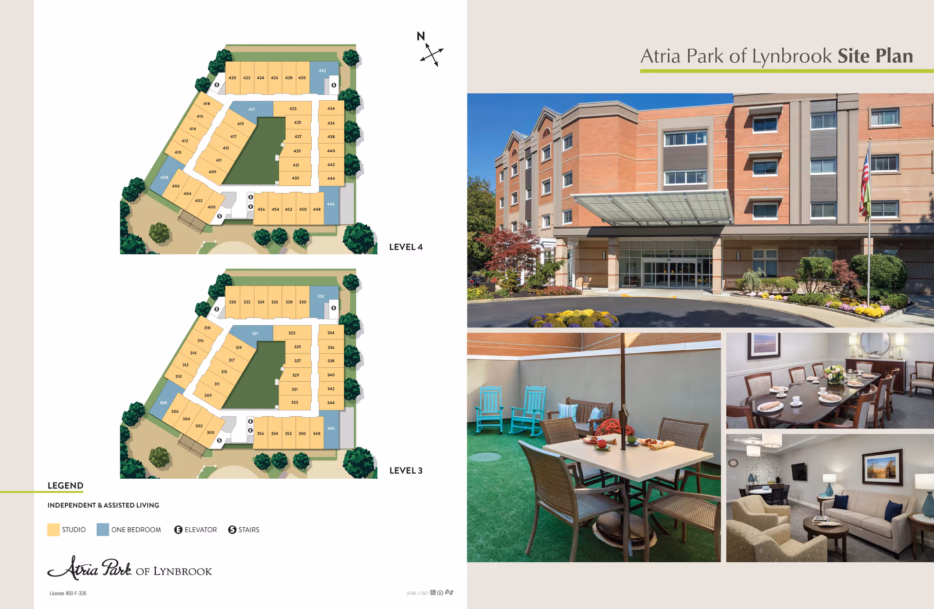 Site plan of Atria Park of Lynbrook showing floor layouts for Level 3 and Level 4 with studio and one-bedroom units, elevators, and stairs. The right side features a photo collage including the building's front entrance, an outdoor patio with table and chairs, a dining room with a table set for tea, and a living room with sofas and a TV.