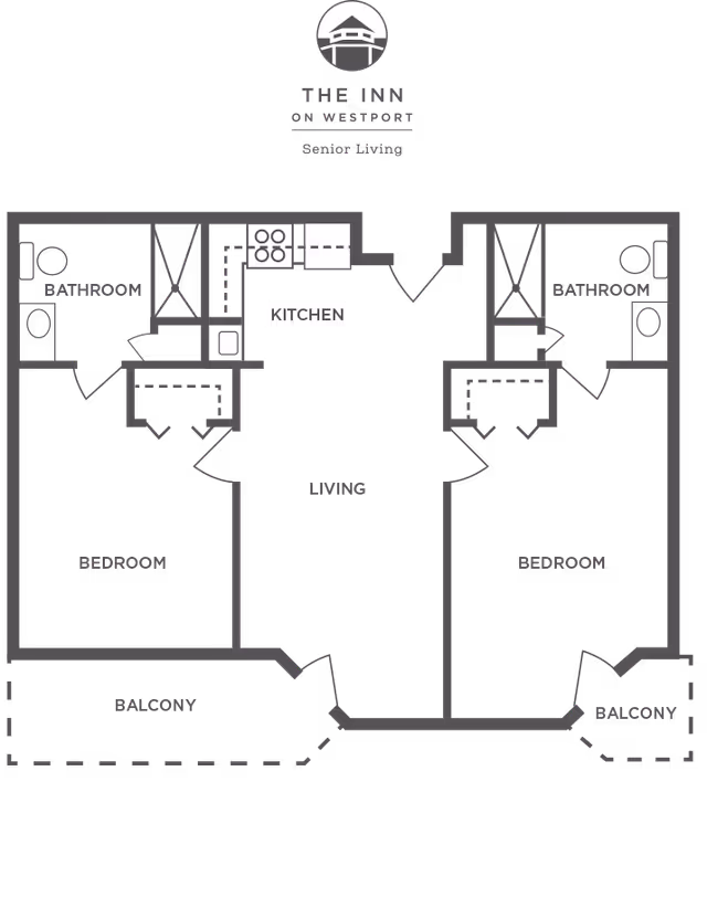 Architectural floor plan of a senior living unit at The Inn on Westport showing two bedrooms, two bathrooms, a kitchen, a living area, and two balconies.