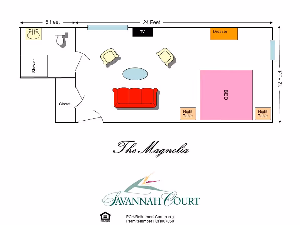 Floor plan of a senior living facility room named The Magnolia at Savannah Court of Milledgeville. The layout includes a bedroom area with a bed and two night tables, a living area with a red sofa, two chairs, a coffee table, a TV, and a dresser. There is also a bathroom with a shower, sink, and toilet, and a closet near the entrance. Dimensions are 24 feet by 12 feet for the main room and 8 feet for the bathroom area.