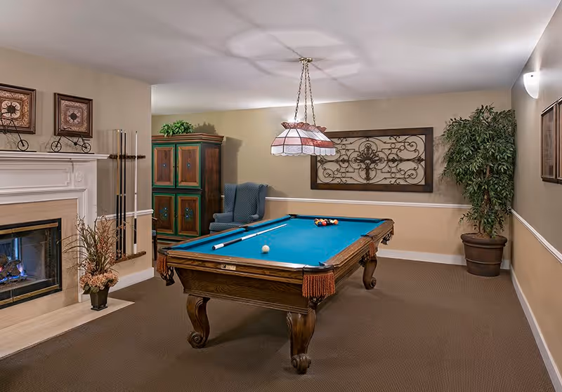 A cozy indoor recreation room featuring a pool table with balls and cues, a fireplace with decorative items on the mantel, a blue armchair, a wooden cabinet, a large potted plant, and wall decorations including framed artwork and a metal wall hanging.