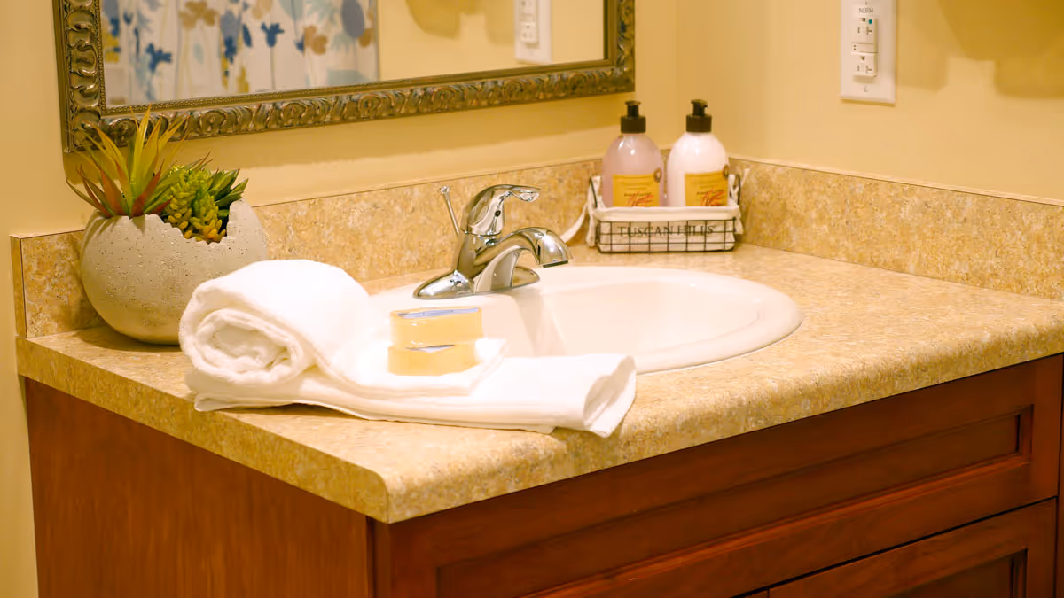 Bathroom countertop with a white sink, chrome faucet, a rolled white towel, two bars of soap, a small potted succulent plant, and two bottles of liquid soap or lotion in a wire basket. A decorative framed mirror is mounted on the wall above the sink.