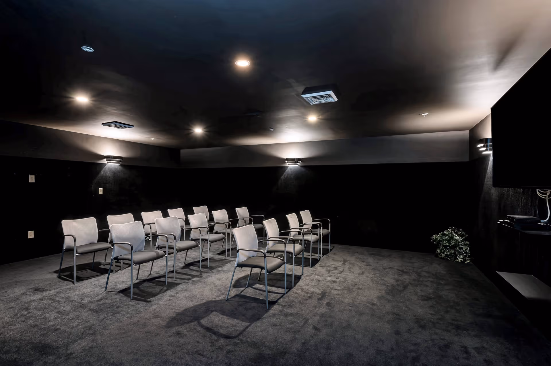 A small theater or presentation room with rows of gray chairs arranged facing a large flat screen mounted on the right wall. The room has dark walls and ceiling with recessed lighting and wall sconces, and a carpeted floor. There is a small plant in the corner near the screen.