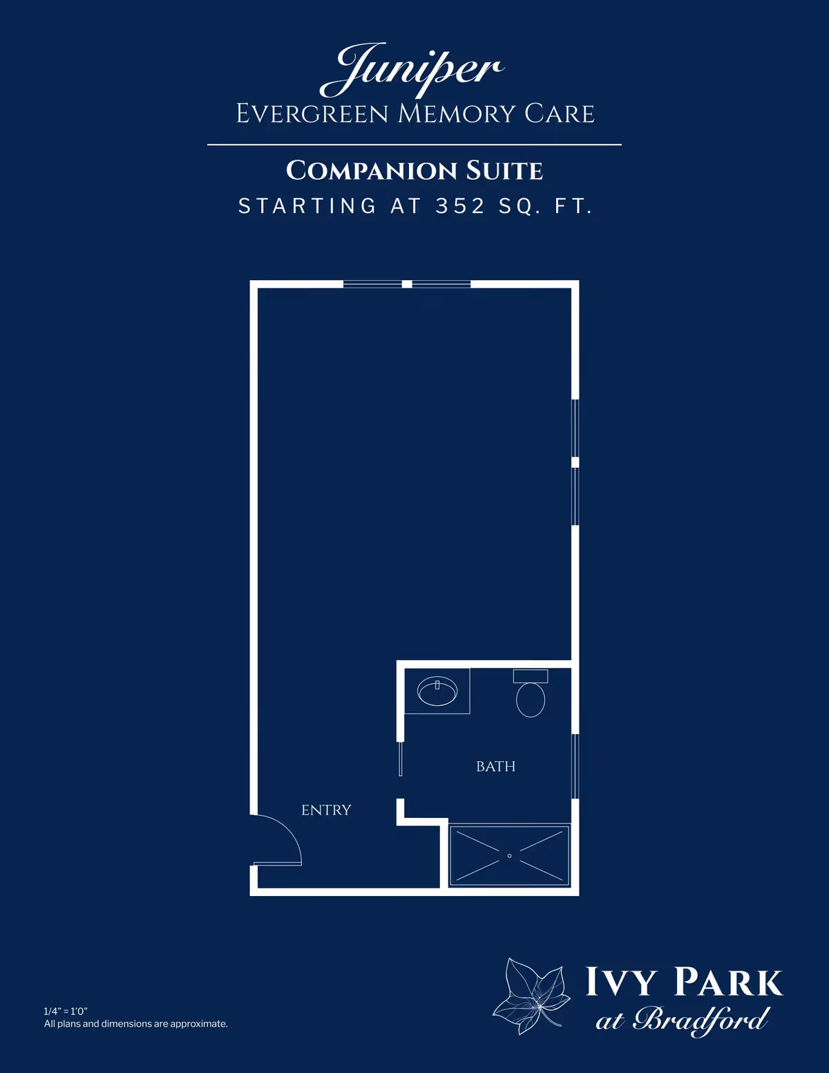 Floor plan layout of the Juniper Evergreen Memory Care Companion Suite at Ivy Park at Bradford, showing an entry area, a bathroom with a sink, toilet, and shower, and an open main living space. The suite starts at 352 square feet.