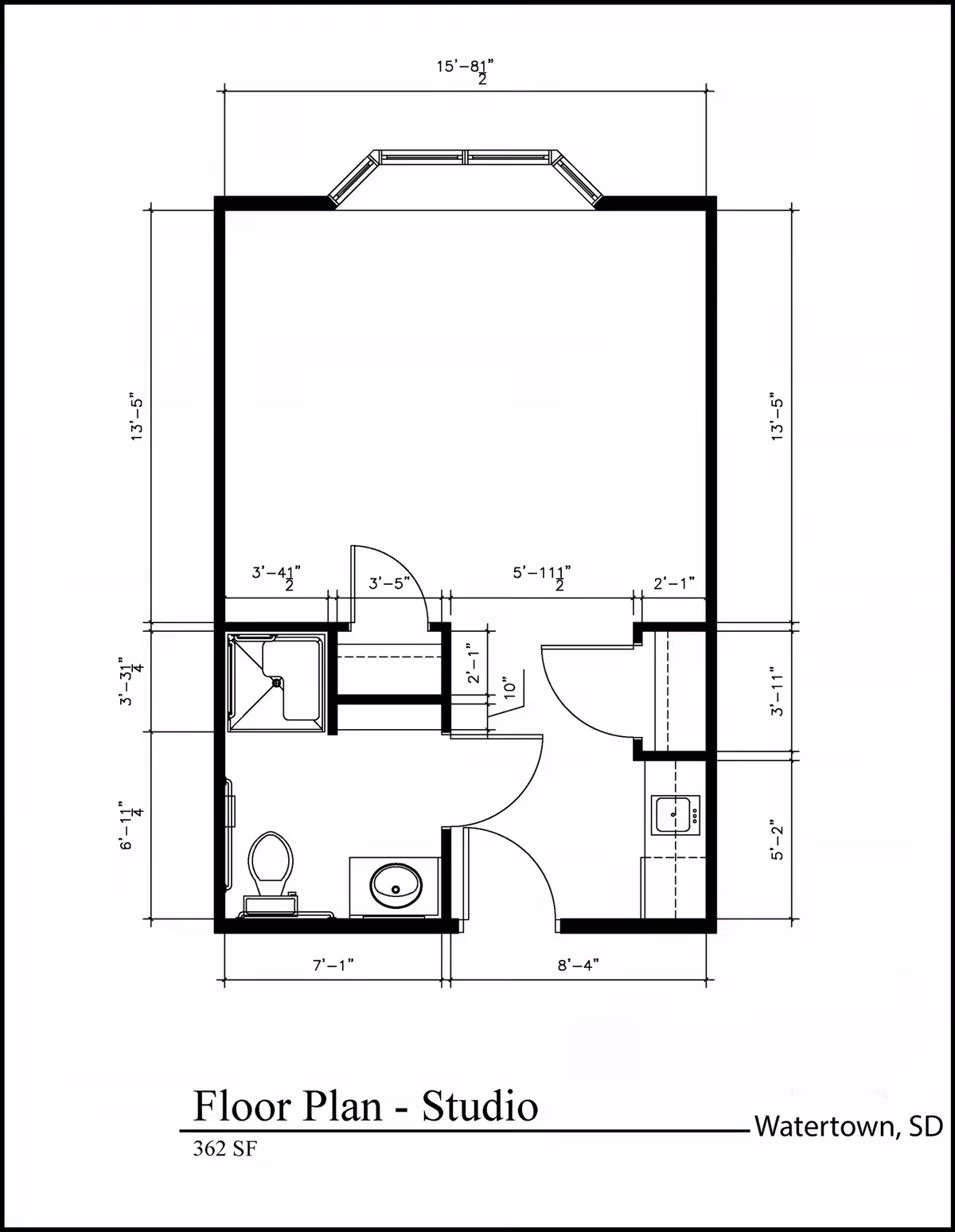 Architectural floor plan of a studio apartment at StoneyBrook Suites Assisted Living in Watertown, SD, showing dimensions and layout including a bathroom with a toilet, sink, and shower, a kitchenette area, and a main living space with a bay window.