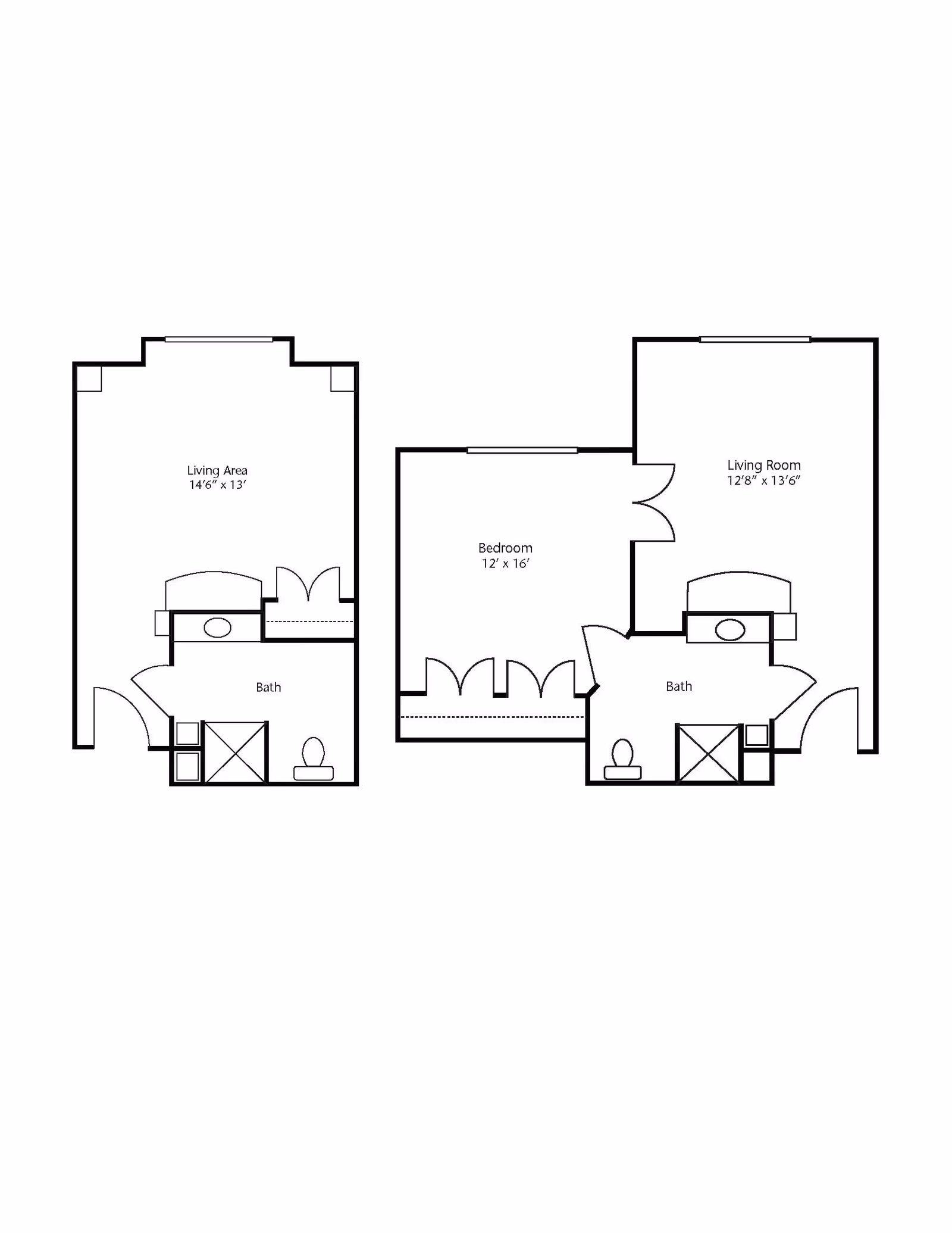 Architectural floor plan showing two layouts. The left layout includes a living area measuring 14'6" x 13' and a bathroom. The right layout includes a bedroom measuring 12' x 16', a living room measuring 12'8" x 13'6", and a bathroom.