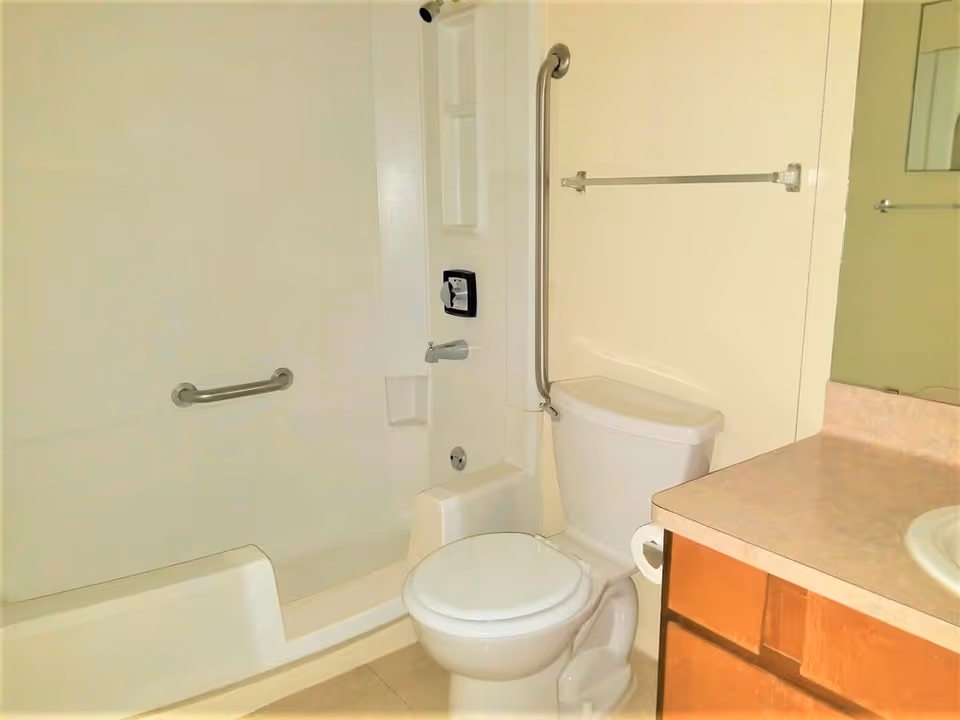 A bathroom featuring a white toilet, a bathtub with a built-in seat and grab bars, a countertop with a sink, and a mirror above the sink. The walls and fixtures are light-colored, and there is a towel rack above the toilet.