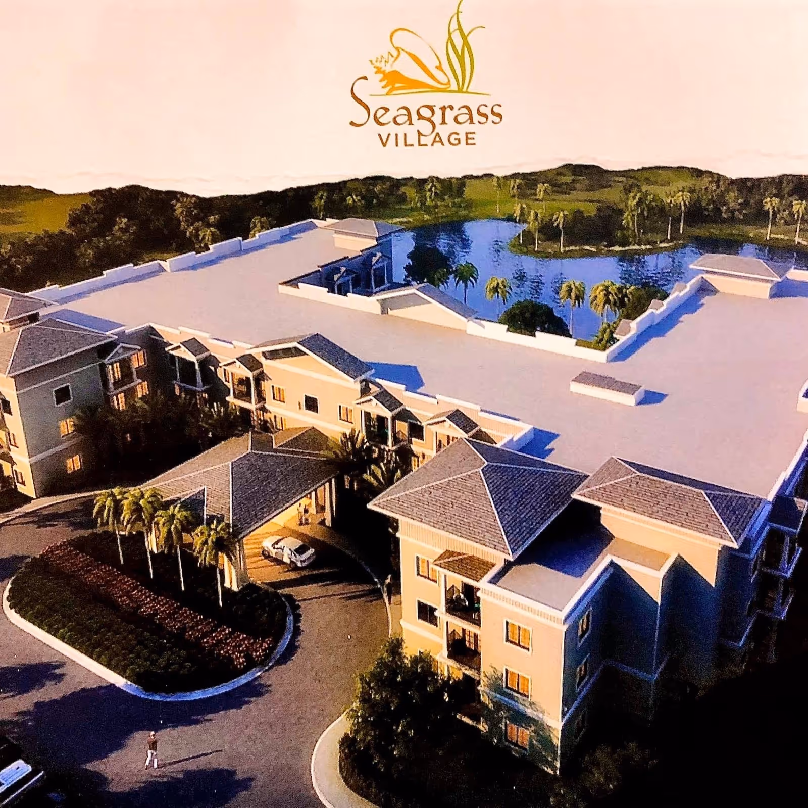 Aerial view of Seagrass Village senior living facility showing a large, multi-story building with a covered entrance, surrounded by palm trees and landscaping. In the background, there is a pond with palm trees and greenery.