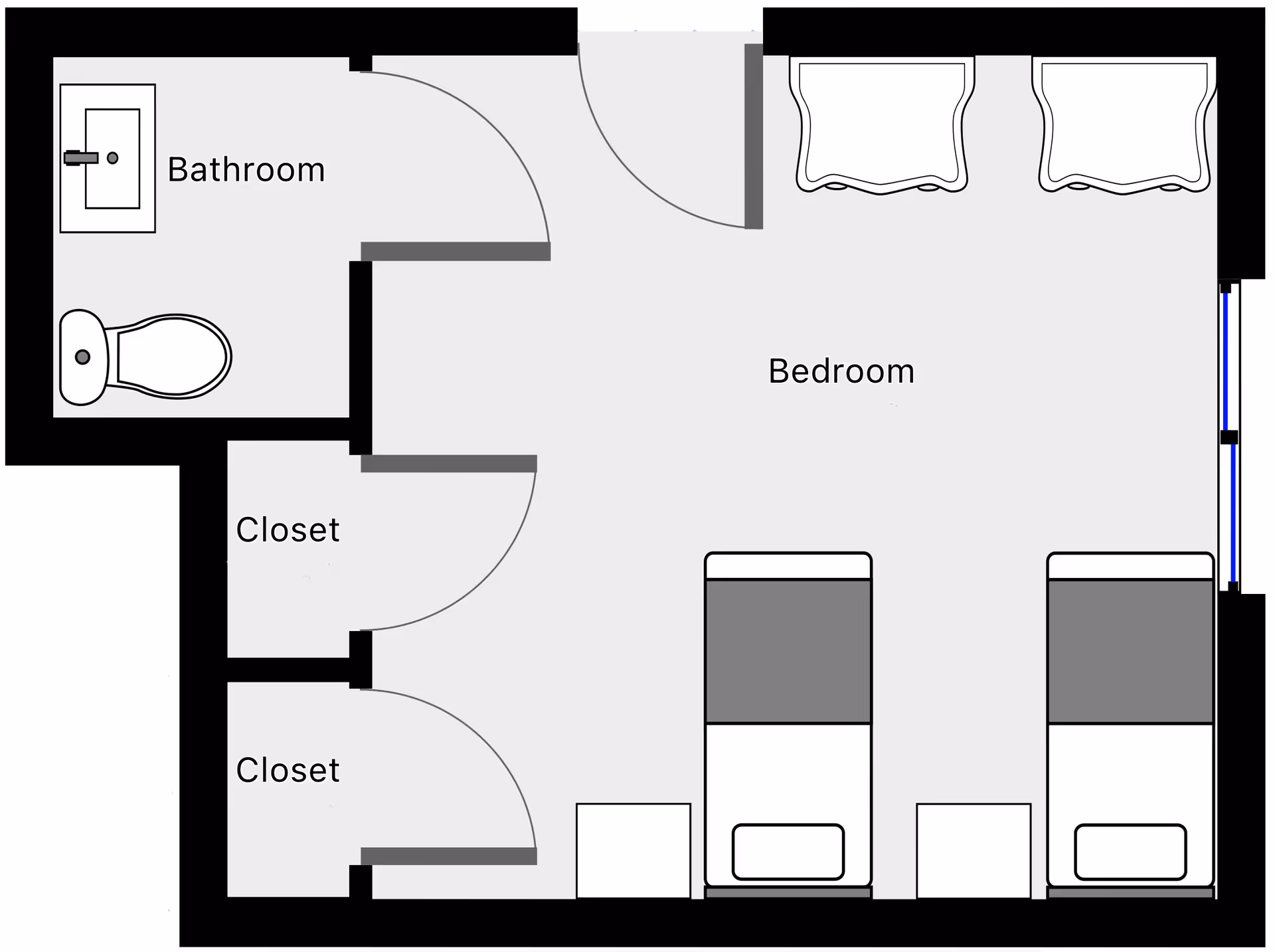 Floor plan of a room in Aspen House showing a bedroom with two beds, two closets, and an attached bathroom with a sink and toilet.