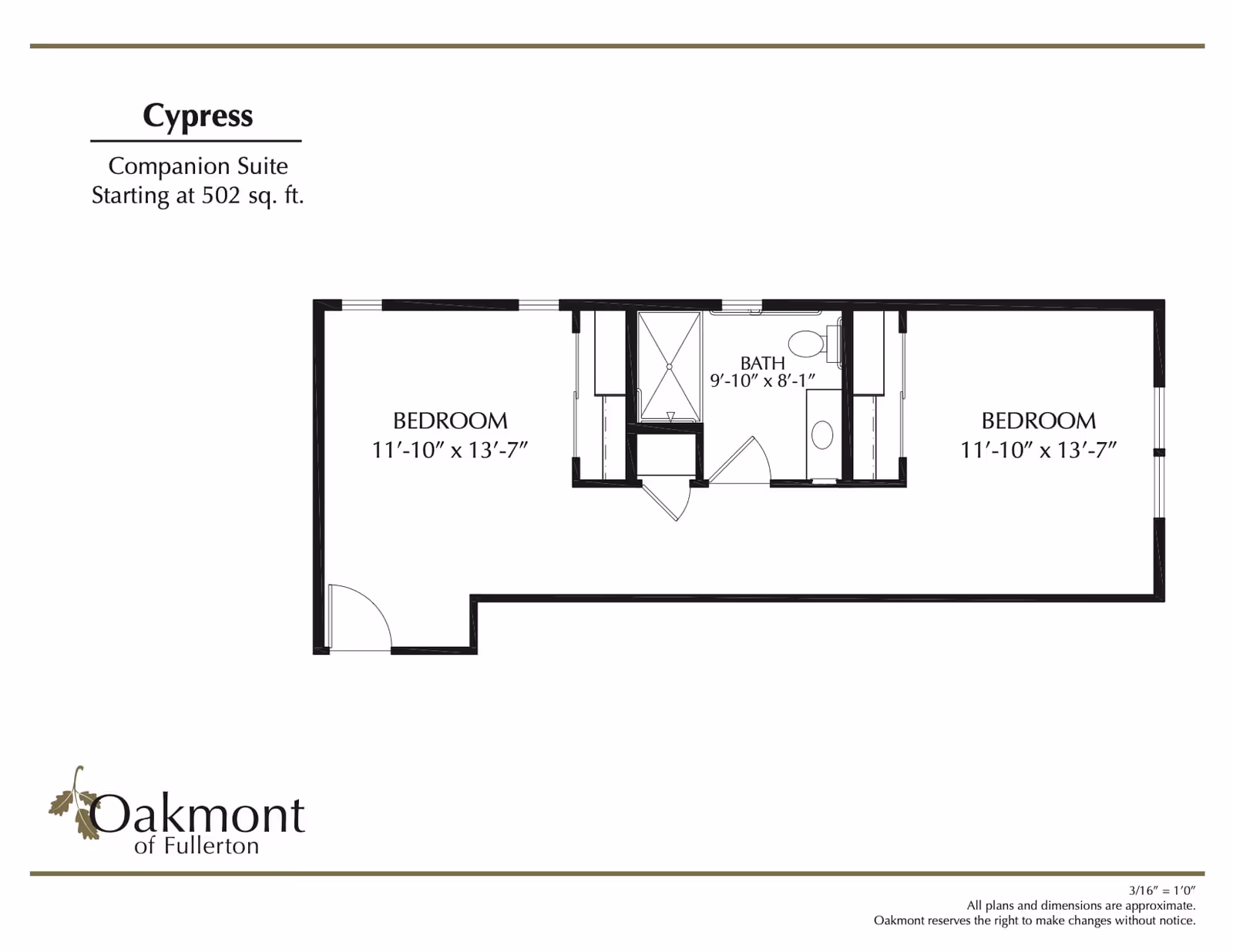Floor plan of the Cypress companion suite at Oakmont of Fullerton, showing two bedrooms each measuring 11 feet 10 inches by 13 feet 7 inches, and a bathroom measuring 9 feet 10 inches by 8 feet 1 inch. The total area starts at 502 square feet.