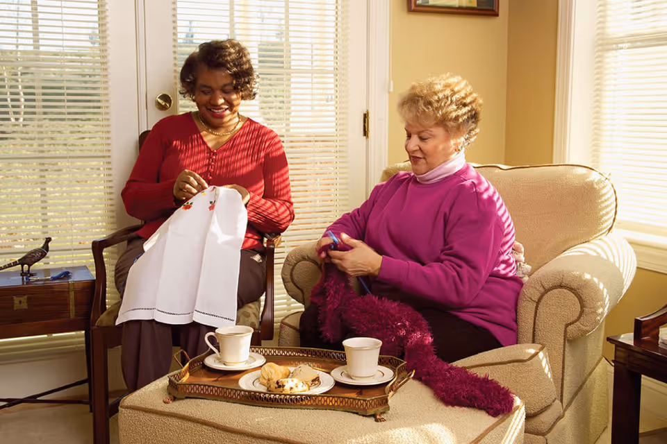 Two elderly women sitting in a cozy living room, one knitting with purple yarn and the other embroidering a white cloth. They are seated on comfortable chairs near a window with blinds, with a tray on an ottoman in front of them holding two cups of tea and some pastries.