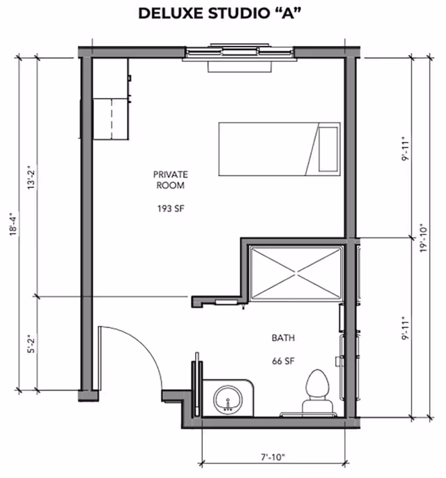 Architectural floor plan of a deluxe studio apartment labeled 'Deluxe Studio A' showing a private room of 193 square feet with a bed and a small kitchenette area, and a bathroom of 66 square feet with a sink, toilet, and shower.
