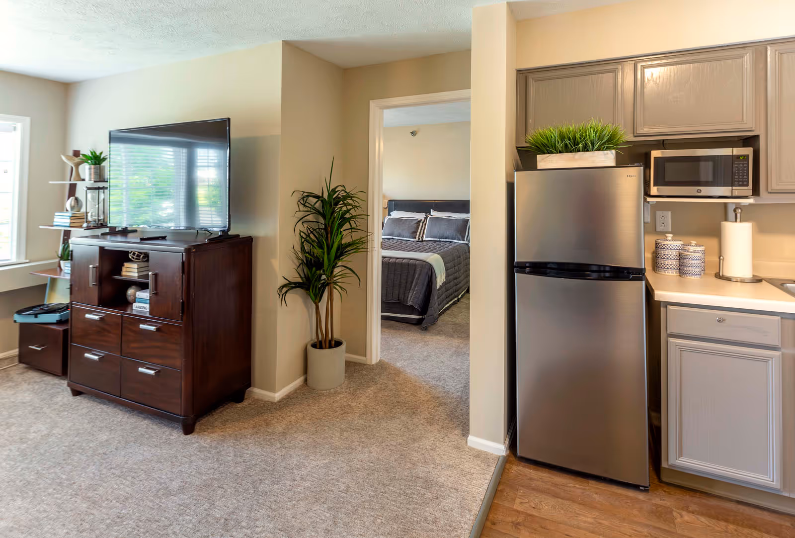 Interior view of a senior living apartment at Independence Village Ames showing a living room area with a dark wooden TV stand holding a flat-screen TV, a potted plant next to the wall, and a kitchen area with a stainless steel refrigerator, microwave, and countertop with decorative items. A bedroom with a neatly made bed is visible through an open doorway.