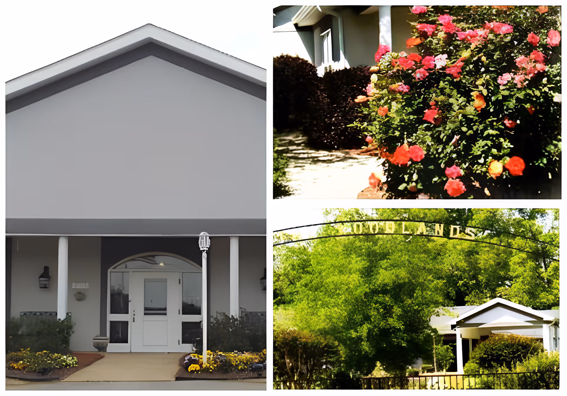 Collage of three images showing the exterior of a senior living facility named Oaks on Parkwood. The first image shows the front entrance with white pillars, a covered porch, and a white door. The second image shows a garden path lined with colorful blooming flowers and bushes. The third image shows a white building partially obscured by lush green trees and bushes, with a metal archway overhead.