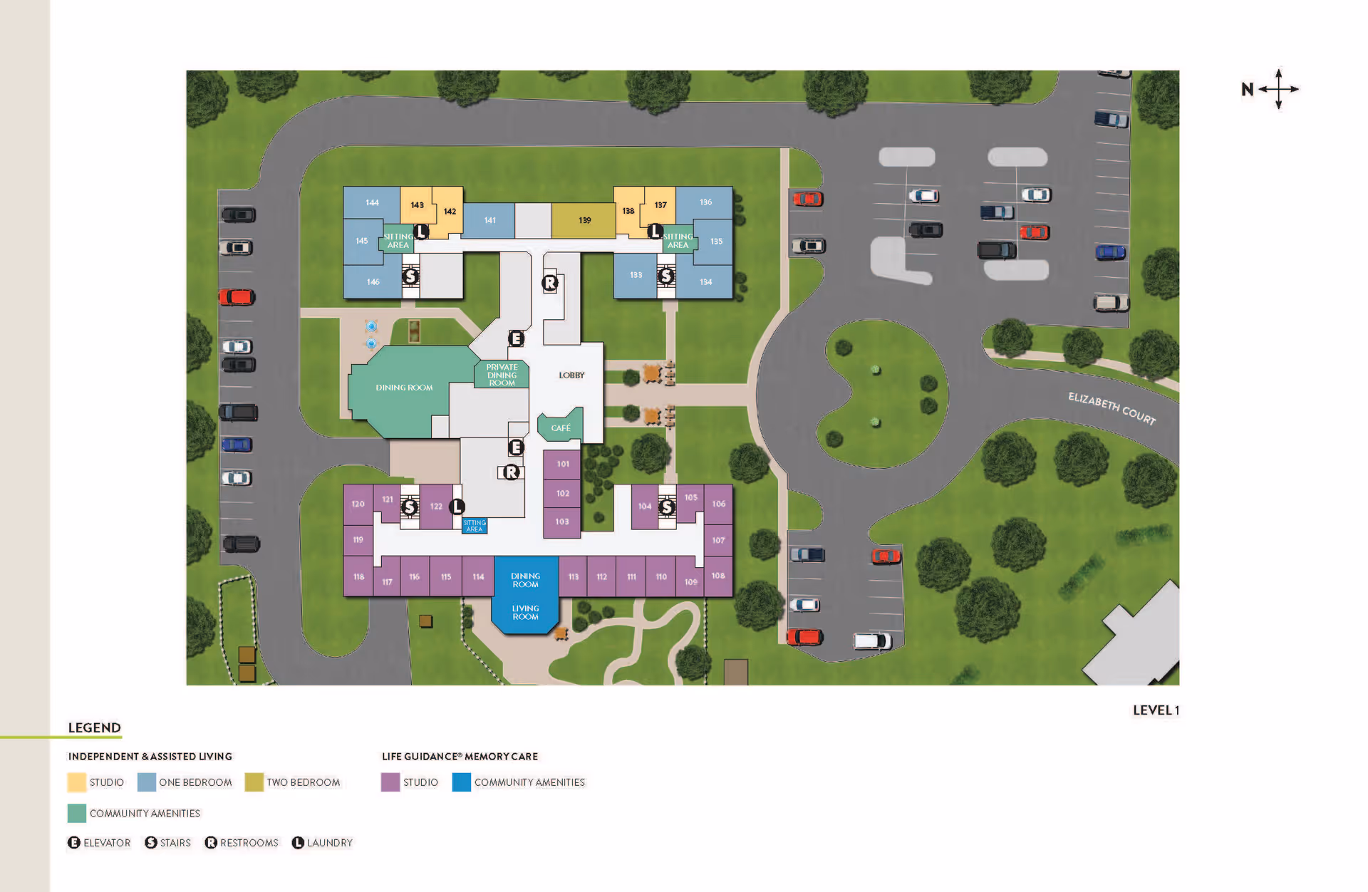 Floor plan of Masonicare at Greenridge Place showing layout of independent and assisted living and memory care areas. The map includes labeled rooms such as dining rooms, living rooms, lobby, café, private dining room, sitting areas, elevators, stairs, restrooms, and laundry. The plan also shows parking areas, roads, and green spaces around the building with a compass indicating north.