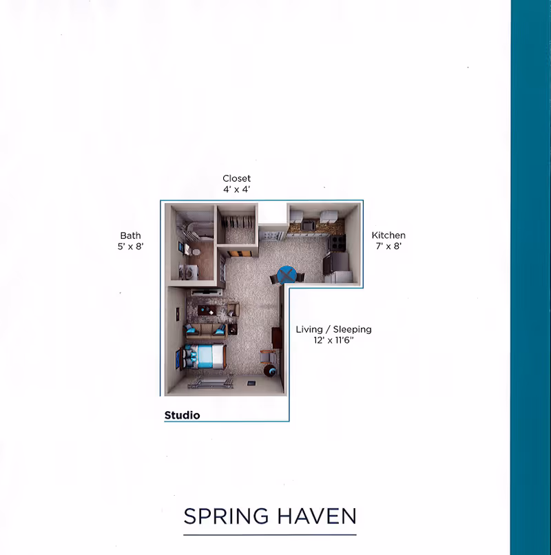 Floor plan of a studio apartment at Spring Haven showing a living/sleeping area measuring 12 feet by 11 feet 6 inches, a kitchen measuring 7 feet by 8 feet, a closet measuring 4 feet by 4 feet, and a bathroom measuring 5 feet by 8 feet.