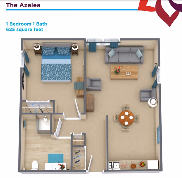 3D floor plan of The Azalea apartment at AVIVA Maybelle Carter showing a 1 bedroom, 1 bathroom layout with 625 square feet. The bedroom has a bed, two nightstands, and a closet. The bathroom includes a toilet, sink, and shower. The living area features a sofa, two armchairs, a coffee table, and a round dining table with four chairs. The kitchen area has a countertop with a sink, stove, and refrigerator.