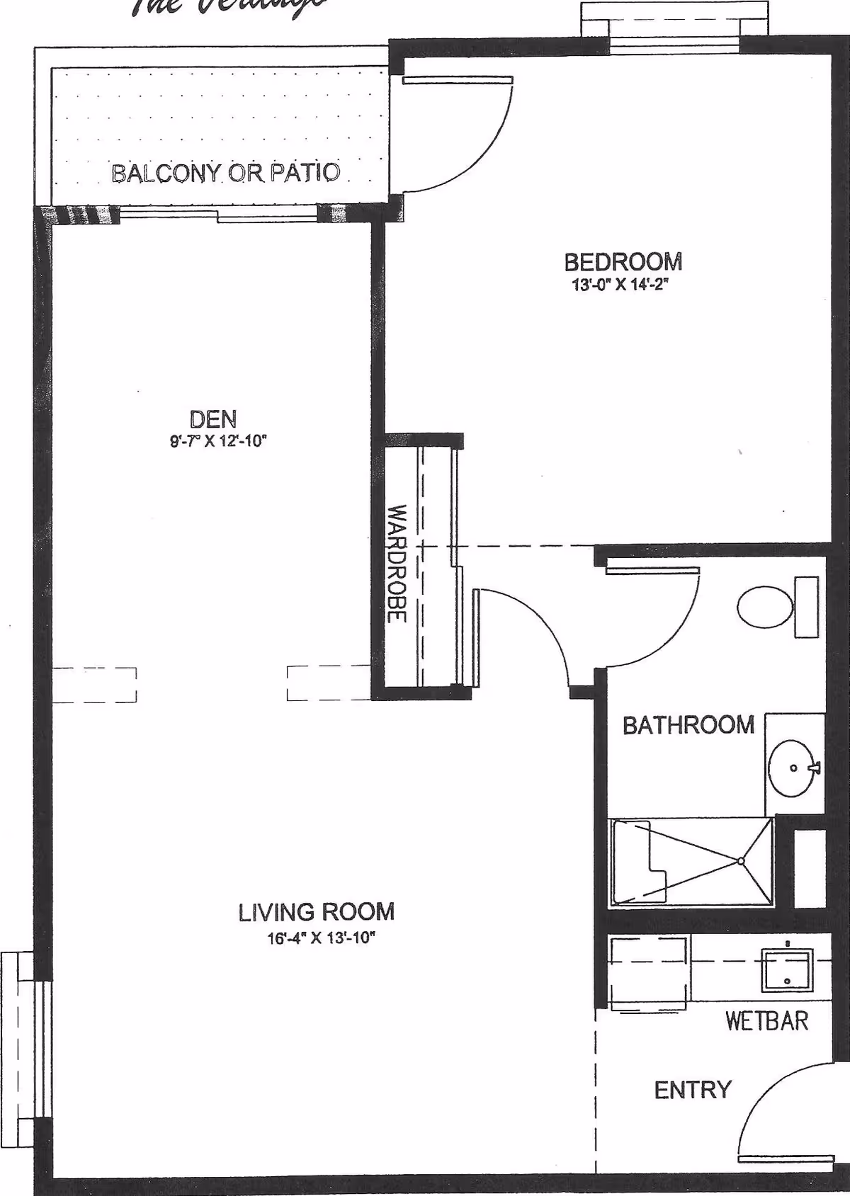 Architectural floor plan of a senior assisted living unit at Glen Terra Senior Assisted Living, showing a bedroom, bathroom, living room, den, wardrobe, wet bar, entry, and a balcony or patio.