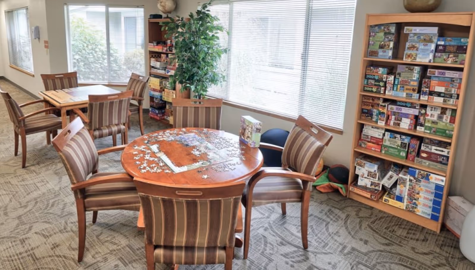 A bright room with large windows and several wooden tables surrounded by striped cushioned chairs. One round table in the foreground has a partially completed jigsaw puzzle on it. In the background, there is a tall wooden shelf filled with various board games and puzzles. A green plant is placed near the window, adding a touch of greenery to the space.