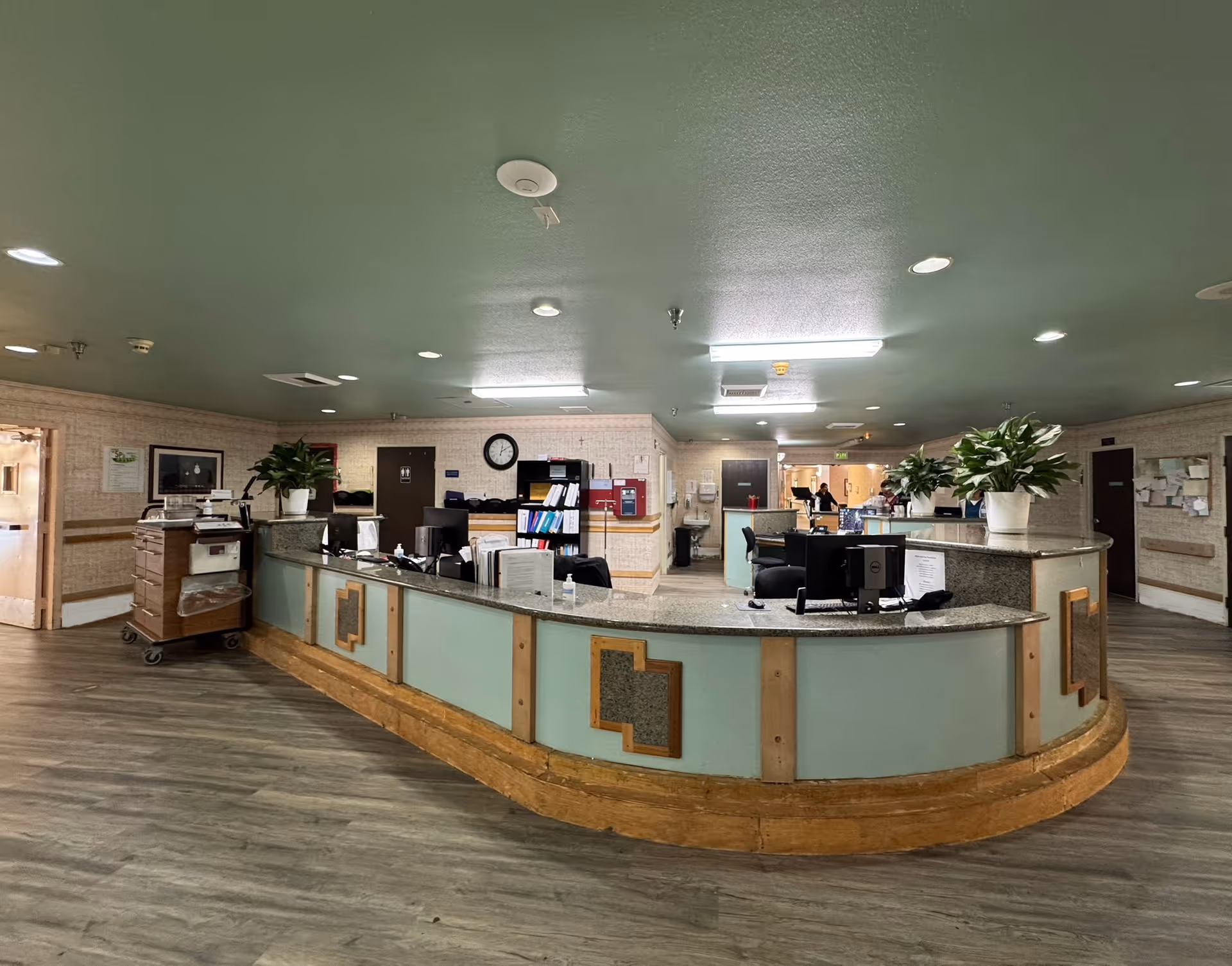 Curved reception desk in a care facility lobby with computers, potted plants, and hallways in the background.