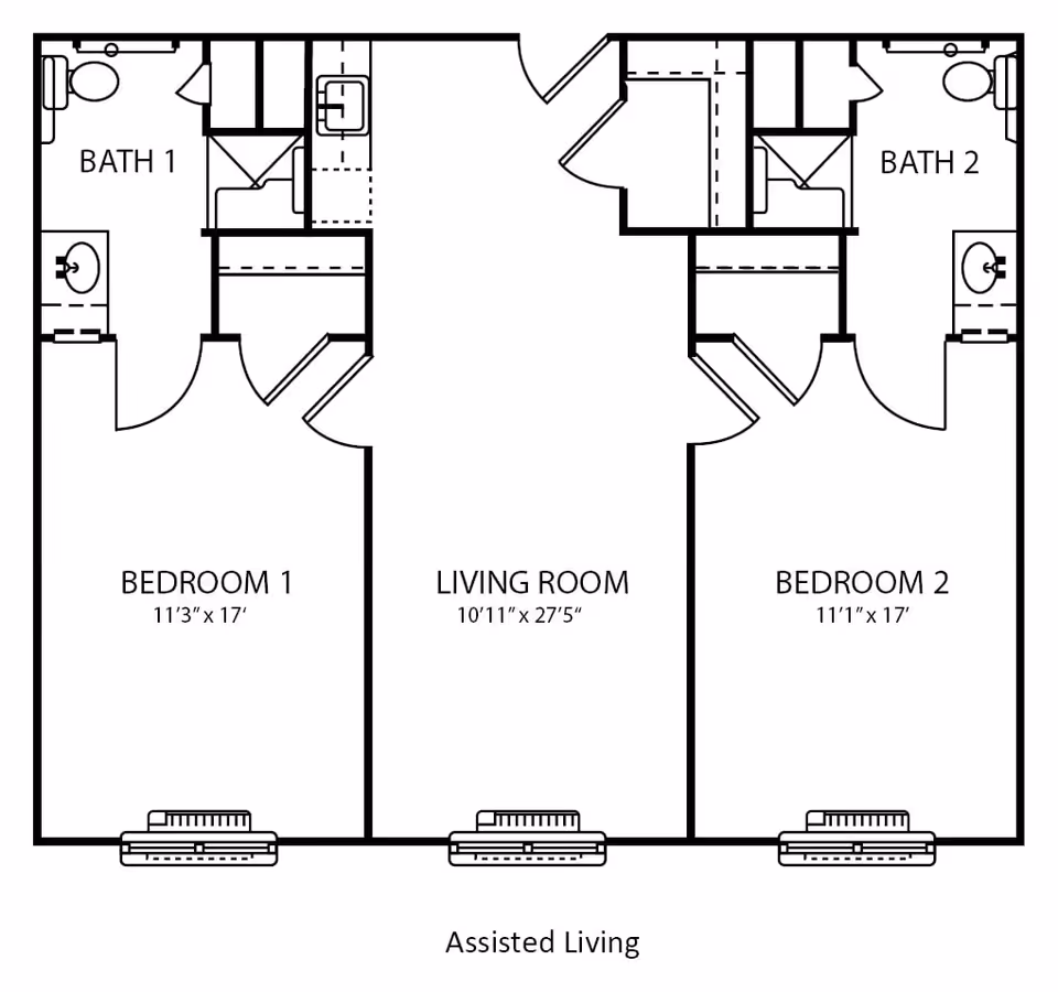 Floor plan of an assisted living unit named Summit Point showing two bedrooms, two bathrooms, and a living room. Bedroom 1 measures 11 feet 3 inches by 17 feet and Bedroom 2 measures 11 feet 1 inch by 17 feet. The living room measures 10 feet 11 inches by 27 feet 5 inches. Each bedroom has an adjacent bathroom labeled Bath 1 and Bath 2 respectively.