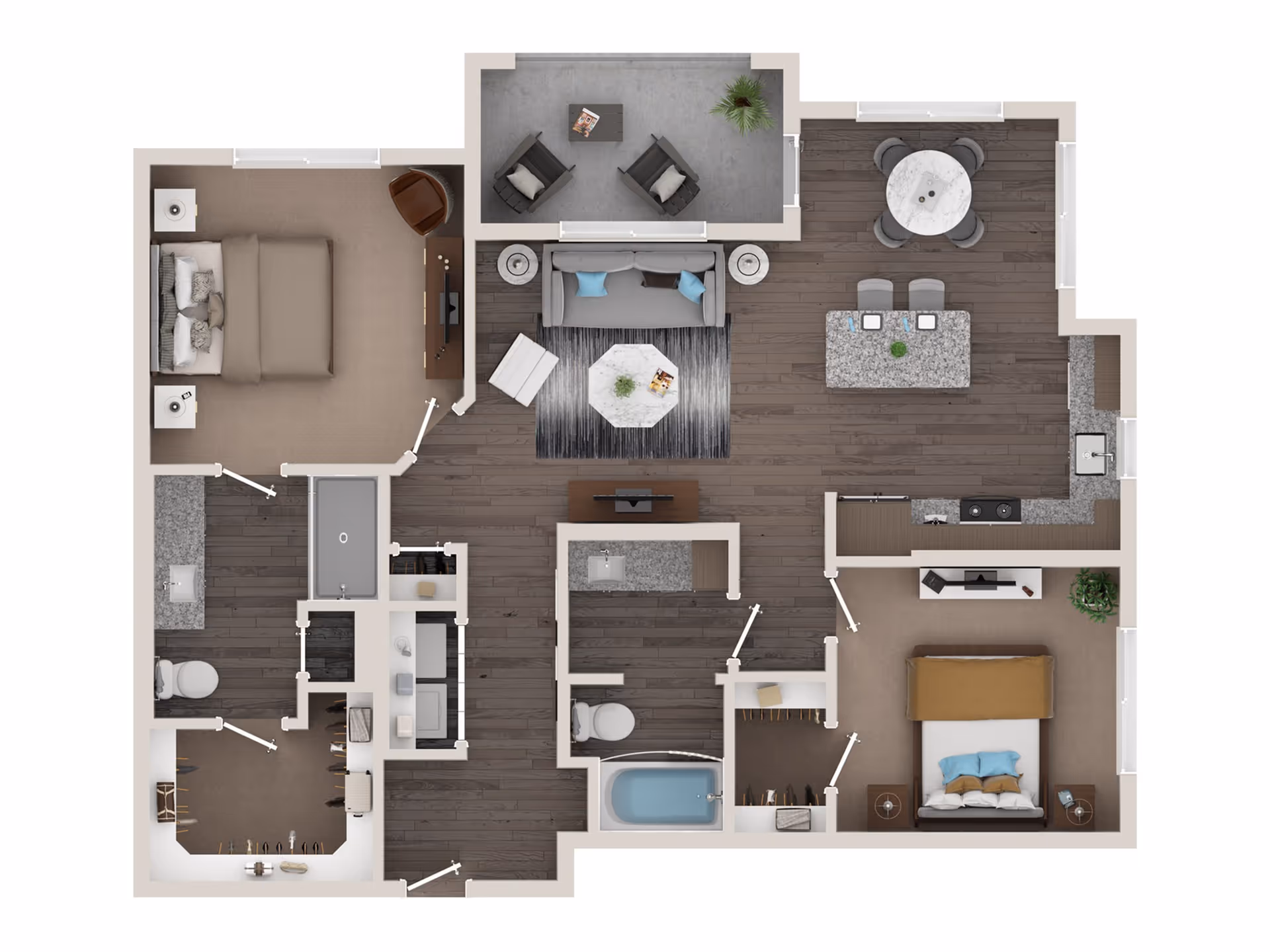 Top-down view of a two-bedroom apartment floor plan featuring a living room with sofa, armchair, coffee table, and TV, a kitchen with an island and dining table, two bedrooms each with a bed and nightstands, two bathrooms, a laundry area, and a small outdoor patio with seating.