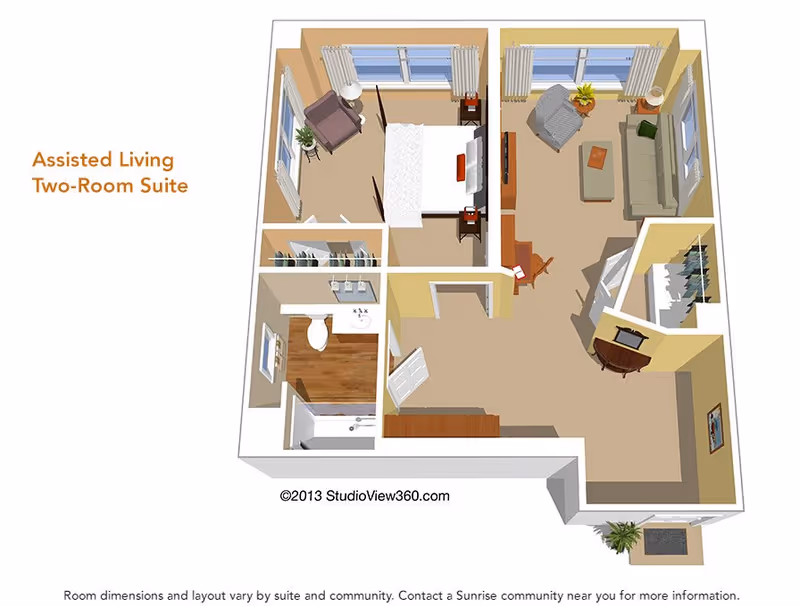 3D floor plan of an assisted living two-room suite showing a bedroom with a bed, nightstands, and a chair; a living room with a sofa, armchair, coffee table, TV, and desk; a bathroom with a toilet, sink, and bathtub; and a closet area. The suite has windows with curtains and a small entryway with a plant.