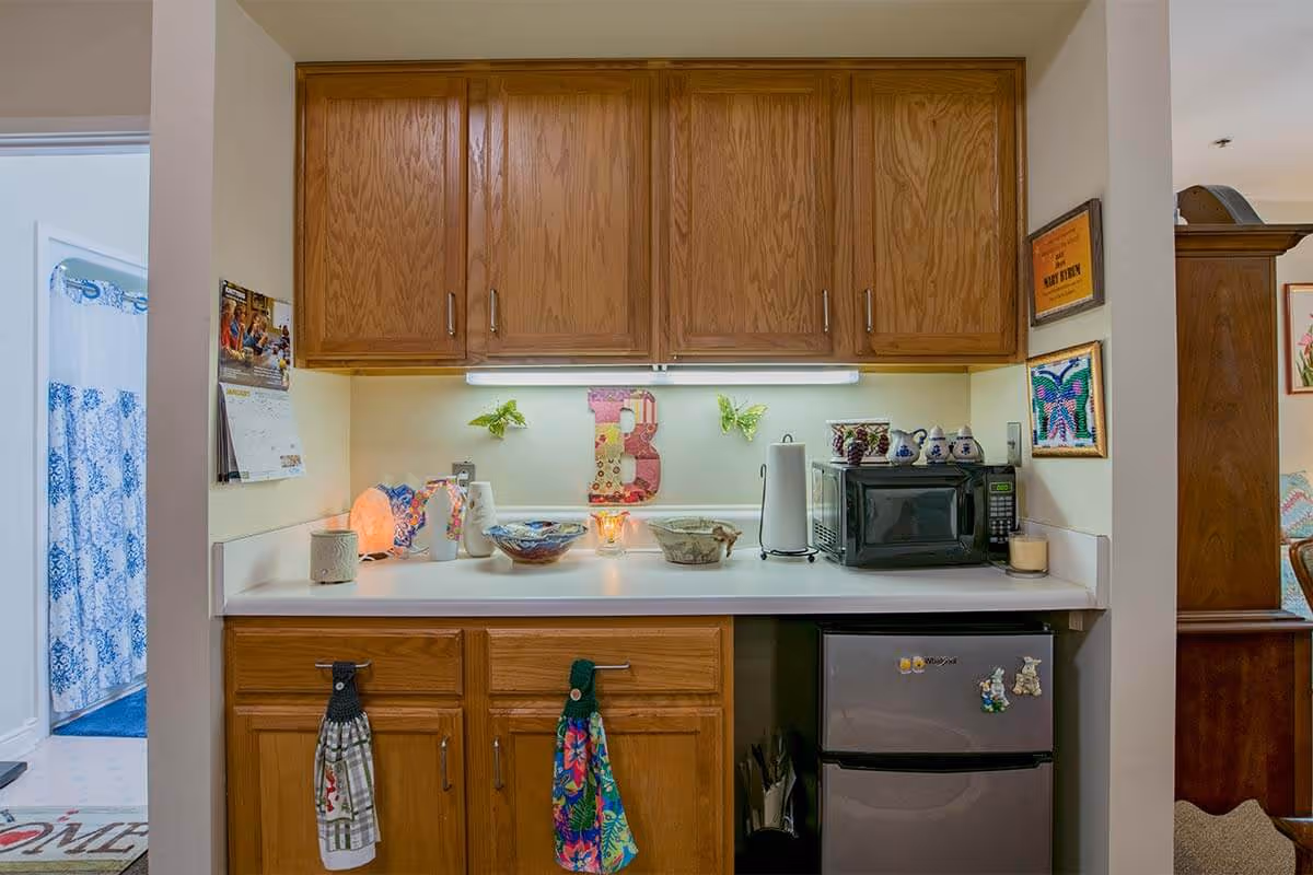 A small kitchen area with wooden cabinets above and below a white countertop. On the countertop are various decorative items, a paper towel holder, a microwave, and a small refrigerator underneath. To the left, a doorway leads to a bathroom with a blue and white shower curtain. The kitchen is decorated with colorful towels hanging from the cabinet handles and wall decorations including a large letter B and butterflies.
