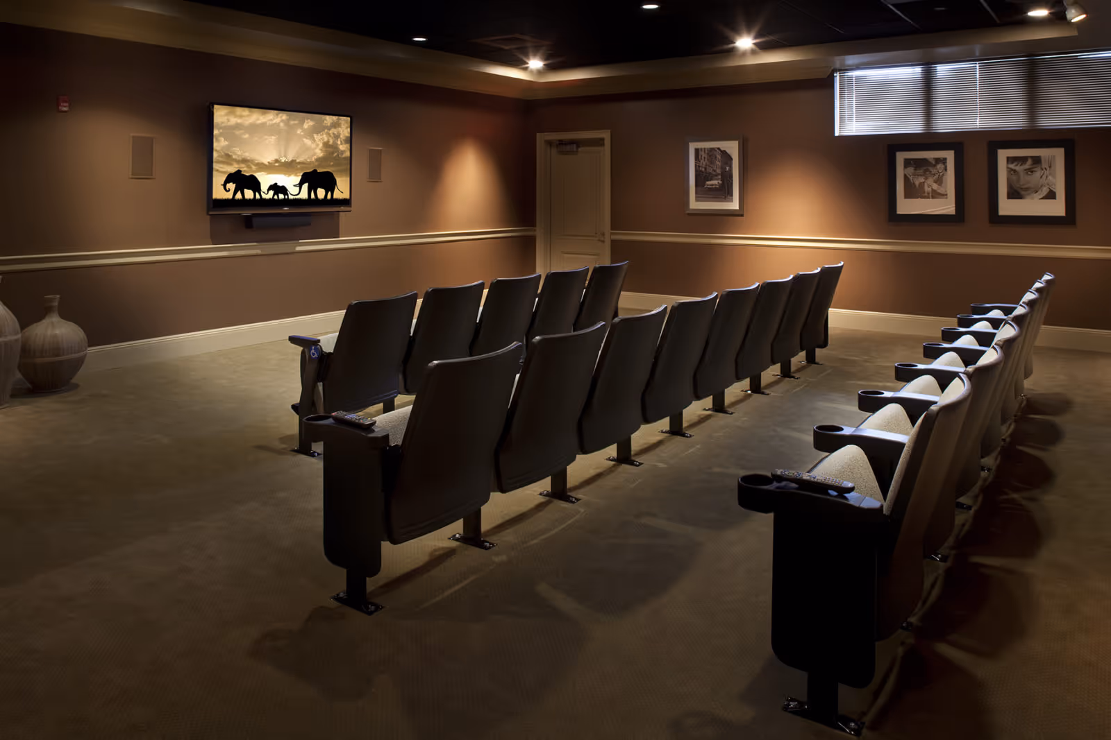 A small theater room with two rows of cushioned chairs facing a wall-mounted TV screen displaying an image of elephants walking at sunset. The room has brown walls with framed black and white photographs and a window with blinds partially open.