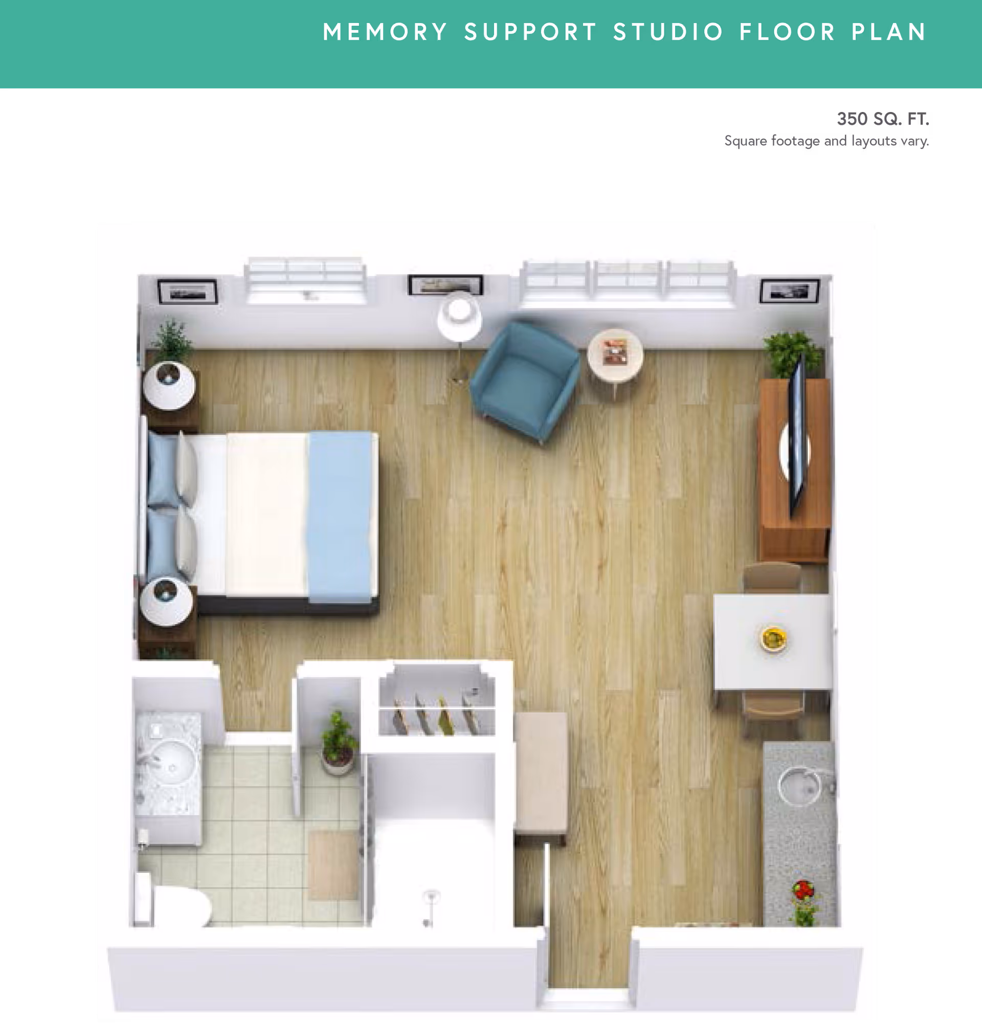 Floor plan of a memory support studio apartment featuring a bed with two nightstands, a bathroom with a sink and toilet, a closet, a sitting area with a chair and small table, a dining table with two chairs, a TV on a stand, and a kitchenette with a sink and countertop. The layout shows wood flooring in the main area and tile flooring in the bathroom.