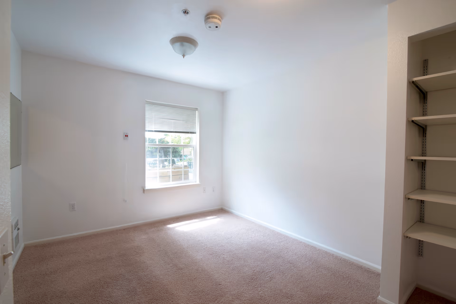 Empty room with beige carpet, white walls, a window with blinds partially open letting in natural light, a ceiling light fixture, and built-in shelving on the right side.