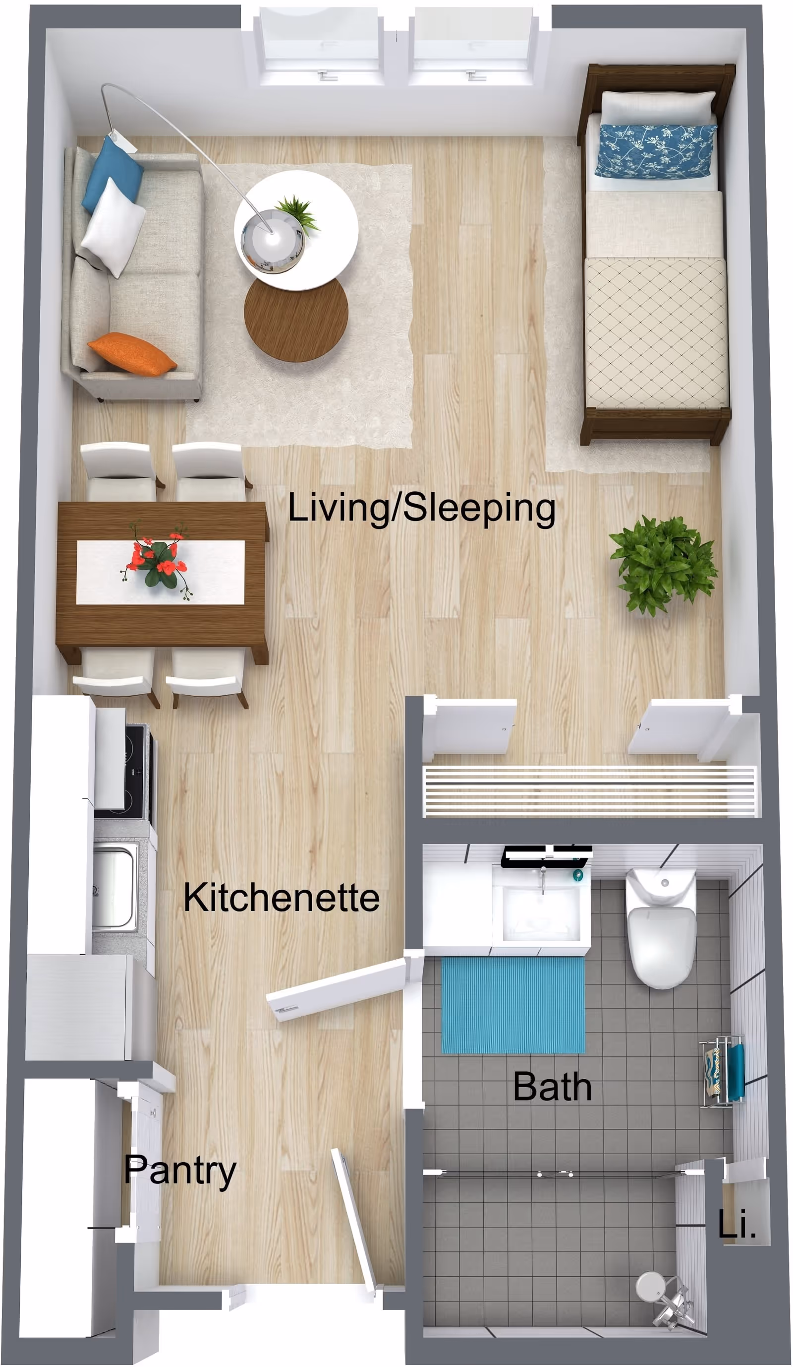 Top-down floor plan of a small living space labeled Pioneer Village, showing a combined living and sleeping area with a sofa, coffee tables, a bed, and a plant. Adjacent to this is a kitchenette with a dining table and chairs, a pantry, and a bathroom with a sink, toilet, and shower area.