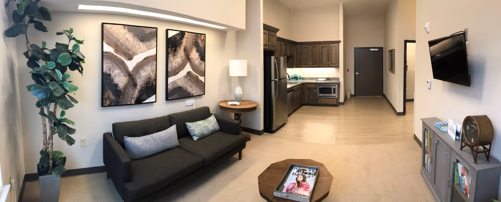 A cozy living area with a dark gray sofa adorned with two pillows, a wooden round side table with a lamp, and two abstract art pieces on the wall. To the right is a small kitchen with wooden cabinets, a stainless steel refrigerator, microwave, and granite countertops. A flat-screen TV is mounted on the wall above a gray cabinet with books and a clock. A tall potted plant is placed in the corner near a window.