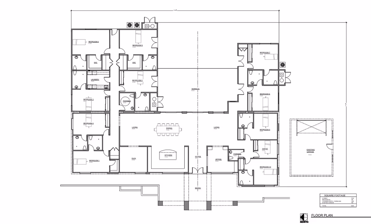 Architectural floor plan of The Plaza Assisted Living Of Scottsdale showing multiple bedrooms, bathrooms, living areas, dining area, kitchen, office, laundry, and terrace with labeled rooms and measurements.
