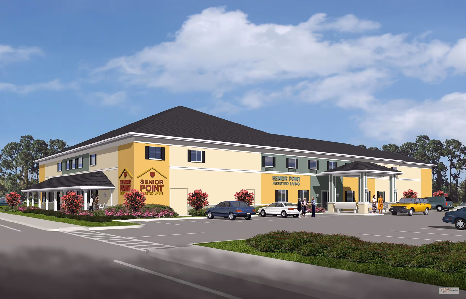 Exterior view of Senior Point Assisted Living facility showing a two-story building with a covered entrance, several parked cars, landscaped bushes and trees, and a few people standing near the entrance under a partly cloudy sky.