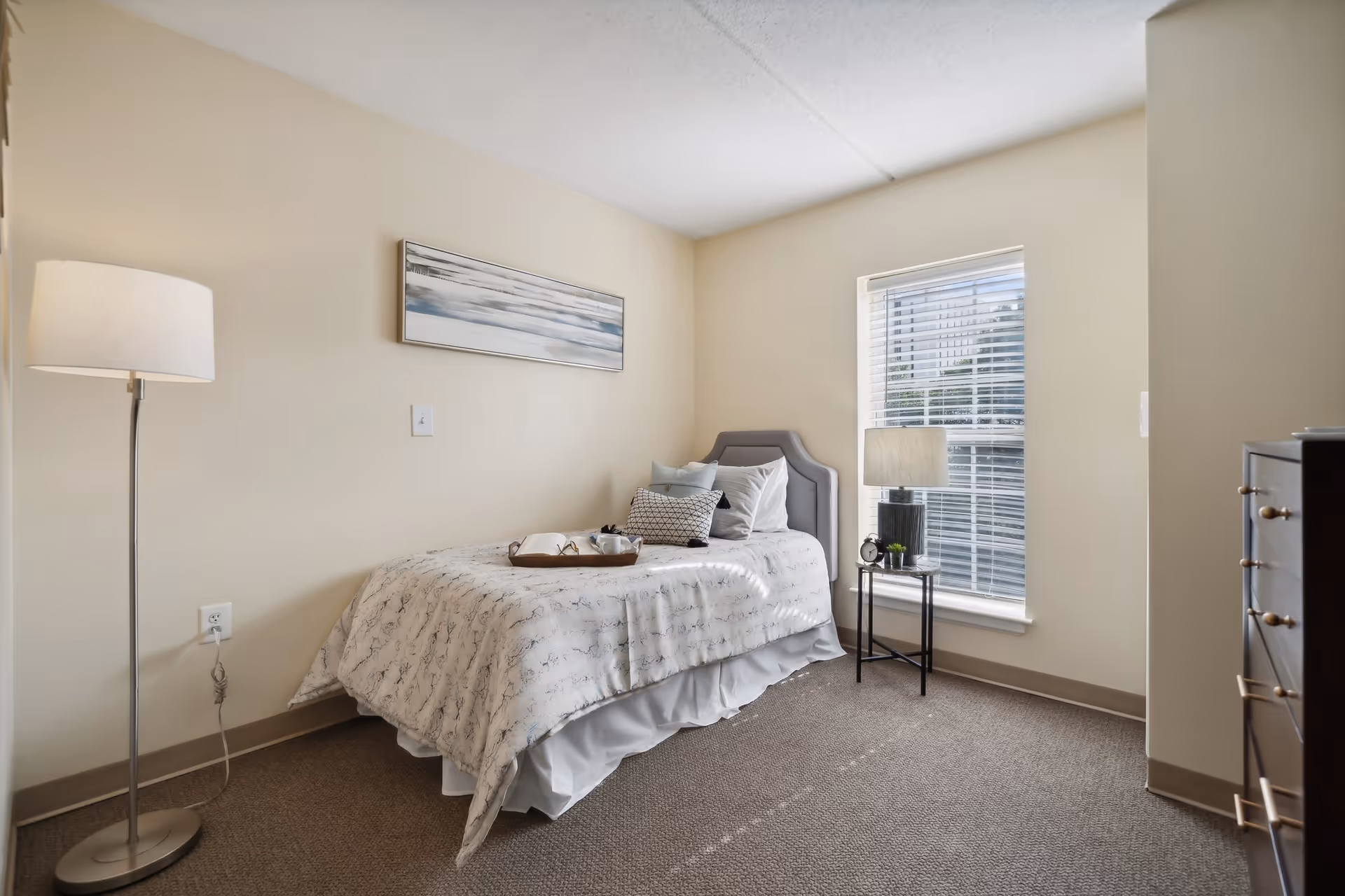 Furnished single bedroom with a twin bed, floor lamp, bedside table with a lamp, window with blinds, and a dresser.