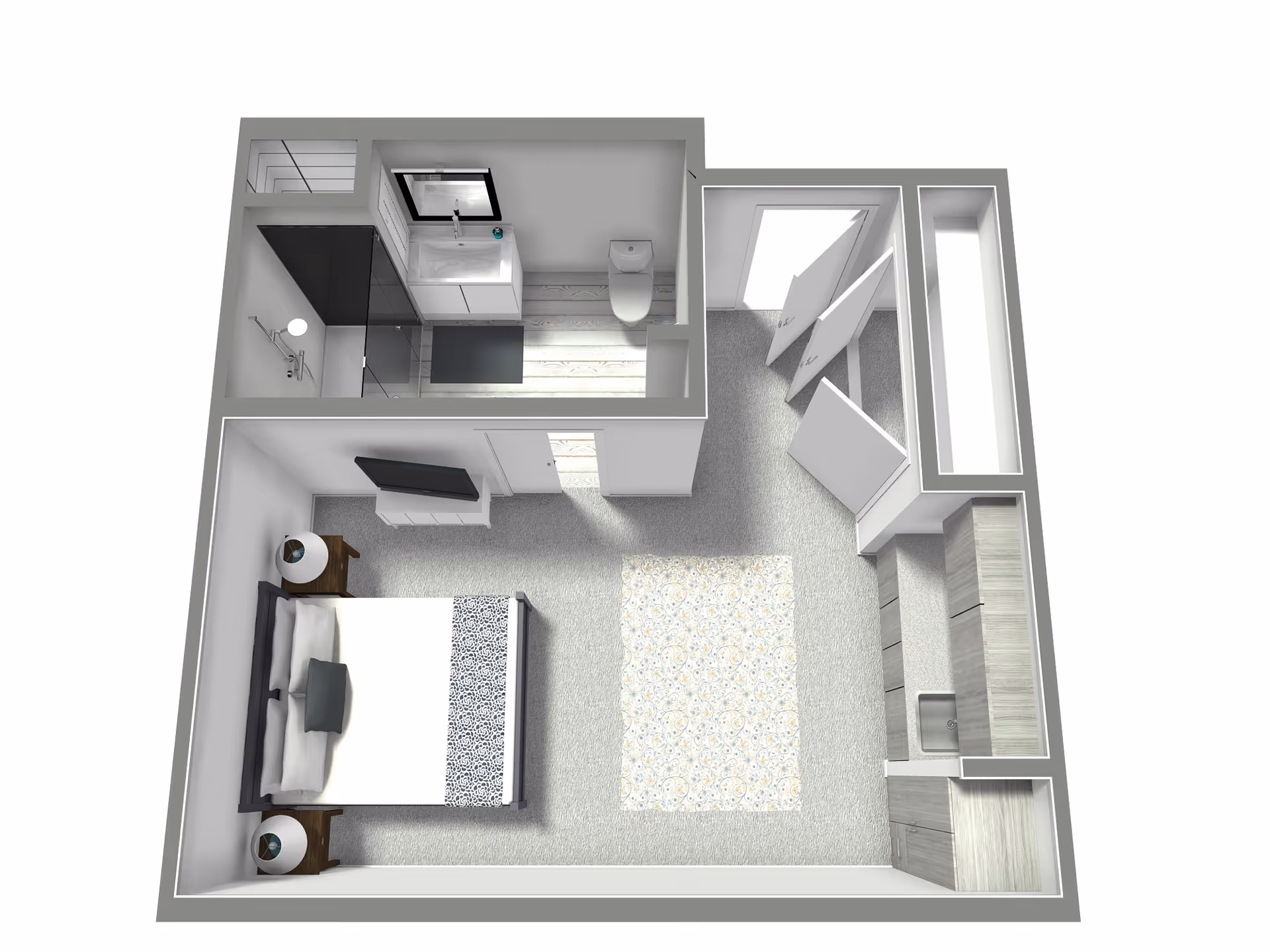3D floor plan of a senior living apartment featuring a bedroom with a bed, two nightstands with lamps, a wall-mounted TV, a bathroom with a shower, sink, and toilet, and a closet area with storage cabinets and a sink.