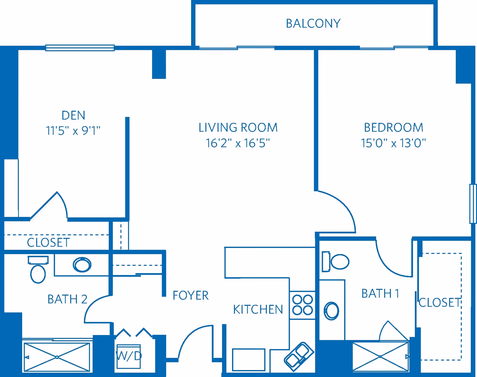 Floor plan of a residential unit showing a den, living room, bedroom, two bathrooms, kitchen, foyer, closets, washer/dryer area, and a balcony.