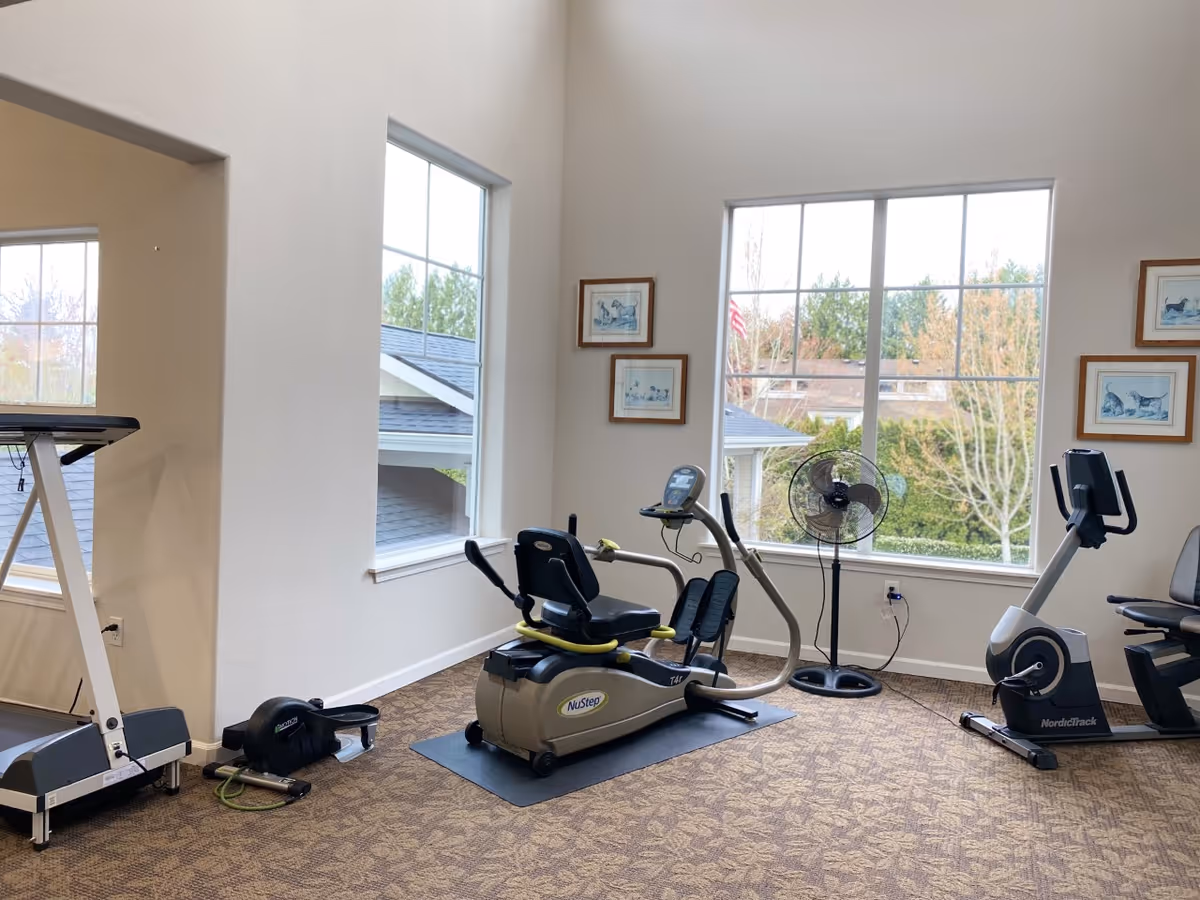 A bright exercise room with large windows showing outdoor greenery. The room contains various fitness equipment including a treadmill, a NuStep recumbent cross trainer, a NordicTrack stationary bike, and a standing fan. The walls are decorated with framed artwork featuring animals.