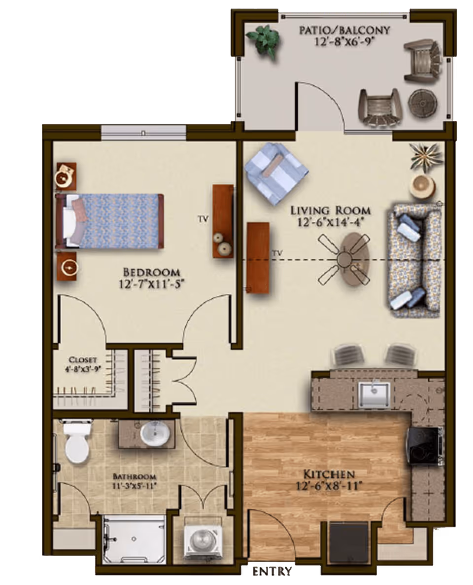 Floor plan of a one-bedroom apartment at Harmony at Brentwood showing a bedroom with a closet, a bathroom, a kitchen, a living room, and a patio/balcony. The bedroom contains a bed and nightstands. The living room has a sofa, chair, coffee table, and TV. The kitchen includes a sink, stove, and counter with two chairs. The bathroom has a toilet, sink, and shower. The patio/balcony has two chairs and a small table with a plant.