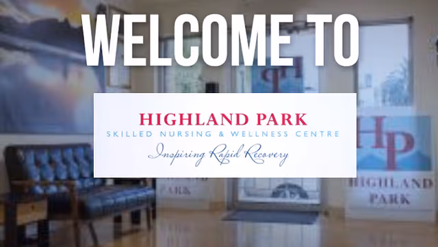 Entrance area of Highland Park Skilled Nursing & Wellness Centre with chairs along the wall and glass doors featuring the facility's logo.
