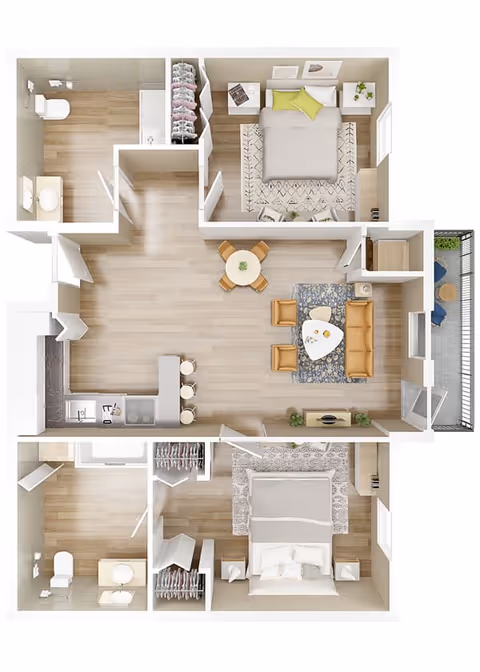 Top-down 3D floor plan of a two-bedroom apartment featuring two bathrooms, a kitchen with a breakfast bar, a dining area with a round table and four chairs, a living room with a sofa and two armchairs, and a balcony with outdoor seating.