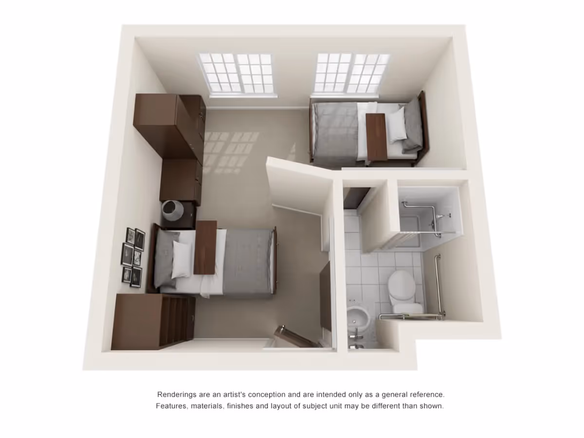 3D floor plan of a senior living unit featuring two single beds with nightstands, a wardrobe, and a small bathroom with a shower, toilet, and sink. The room has two large windows allowing natural light to enter.