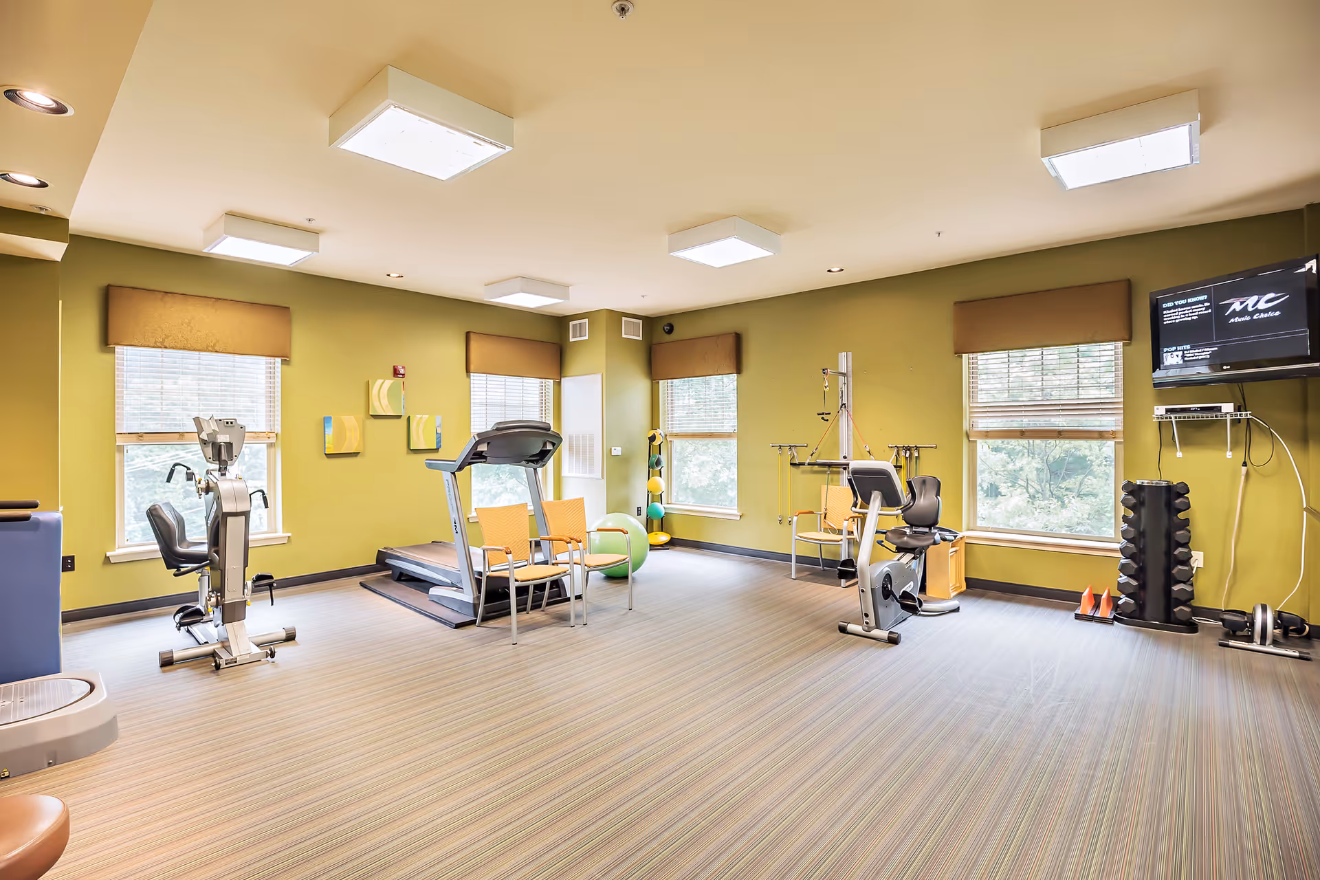 A well-lit exercise room with green walls and large windows. The room contains various fitness equipment including a treadmill, stationary bikes, exercise balls, dumbbells, and other workout accessories. There is a wall-mounted TV in the corner.