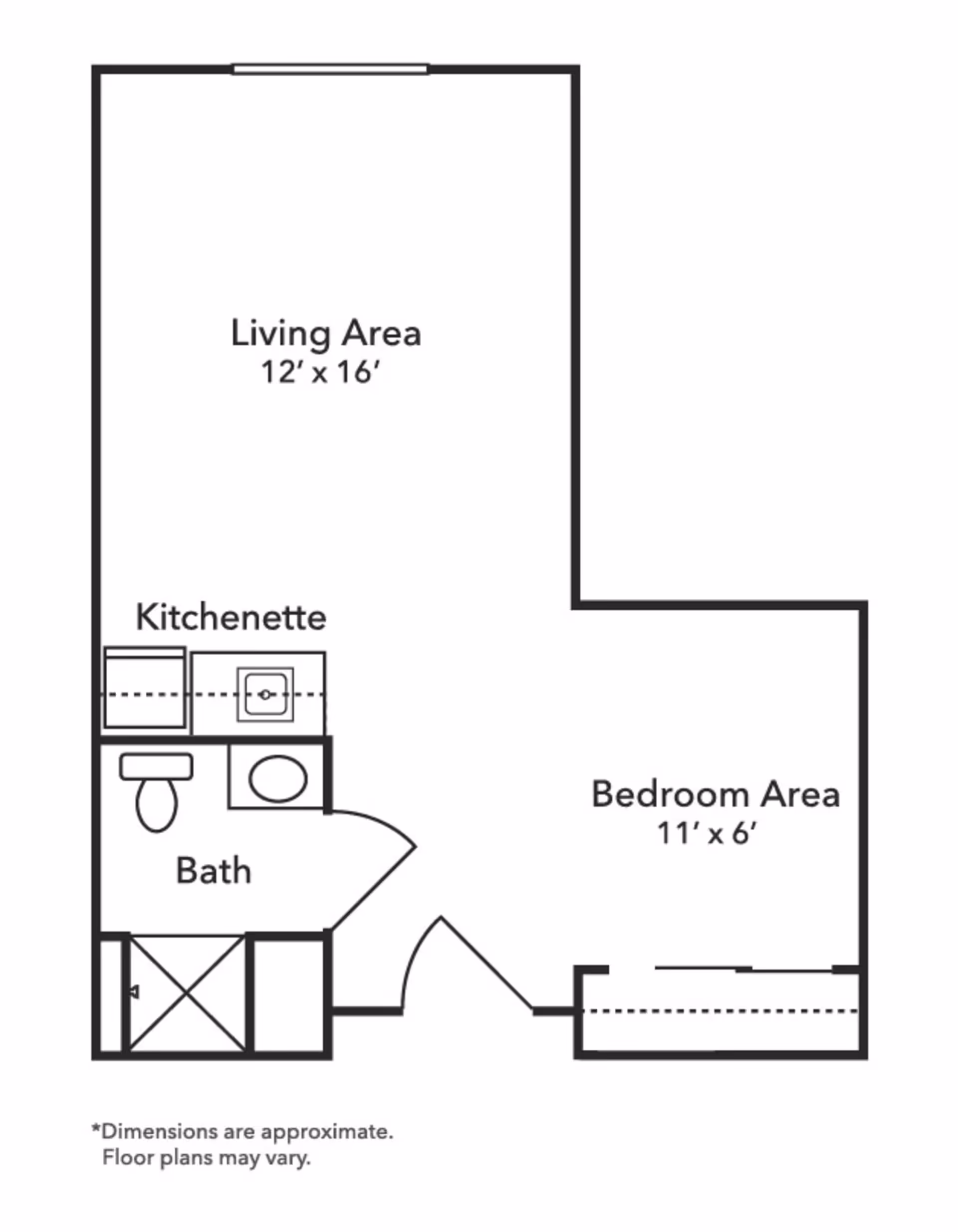 Black-and-white floor plan of a studio layout showing a living area, kitchenette, bathroom, and bedroom area with dimensions.