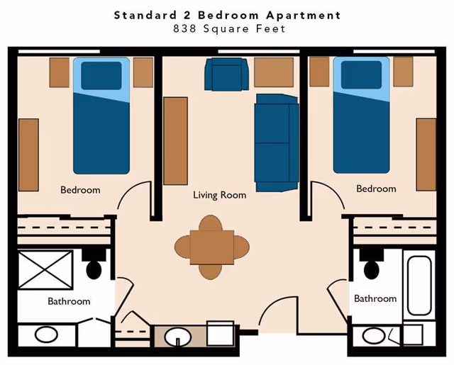 Floor plan diagram of a standard 2-bedroom, 2-bathroom 838-square-foot apartment showing bedrooms, living room, bathrooms, and furniture.