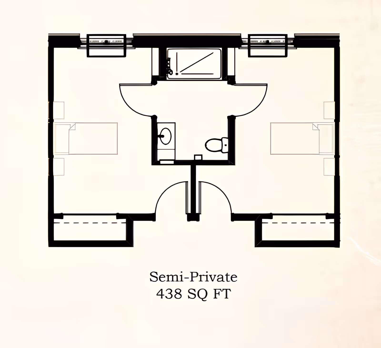 Architectural floor plan of a semi-private room layout measuring 438 square feet, showing two separate sleeping areas with beds, a shared bathroom with a sink, toilet, and shower, and entry doors.