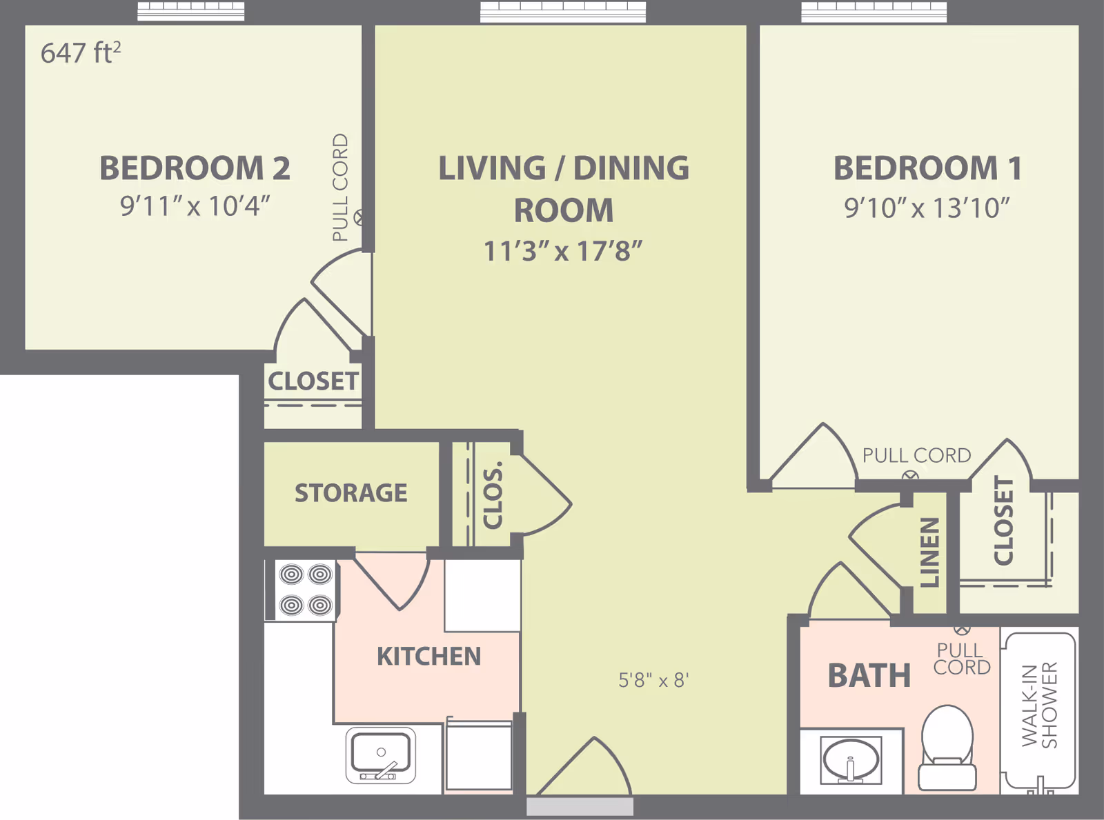 Floor plan of a living space at Oakleaf Village of Columbus showing two bedrooms, a living/dining room, kitchen, bathroom with walk-in shower, storage, closets, and linen closet. Dimensions for each room are included.