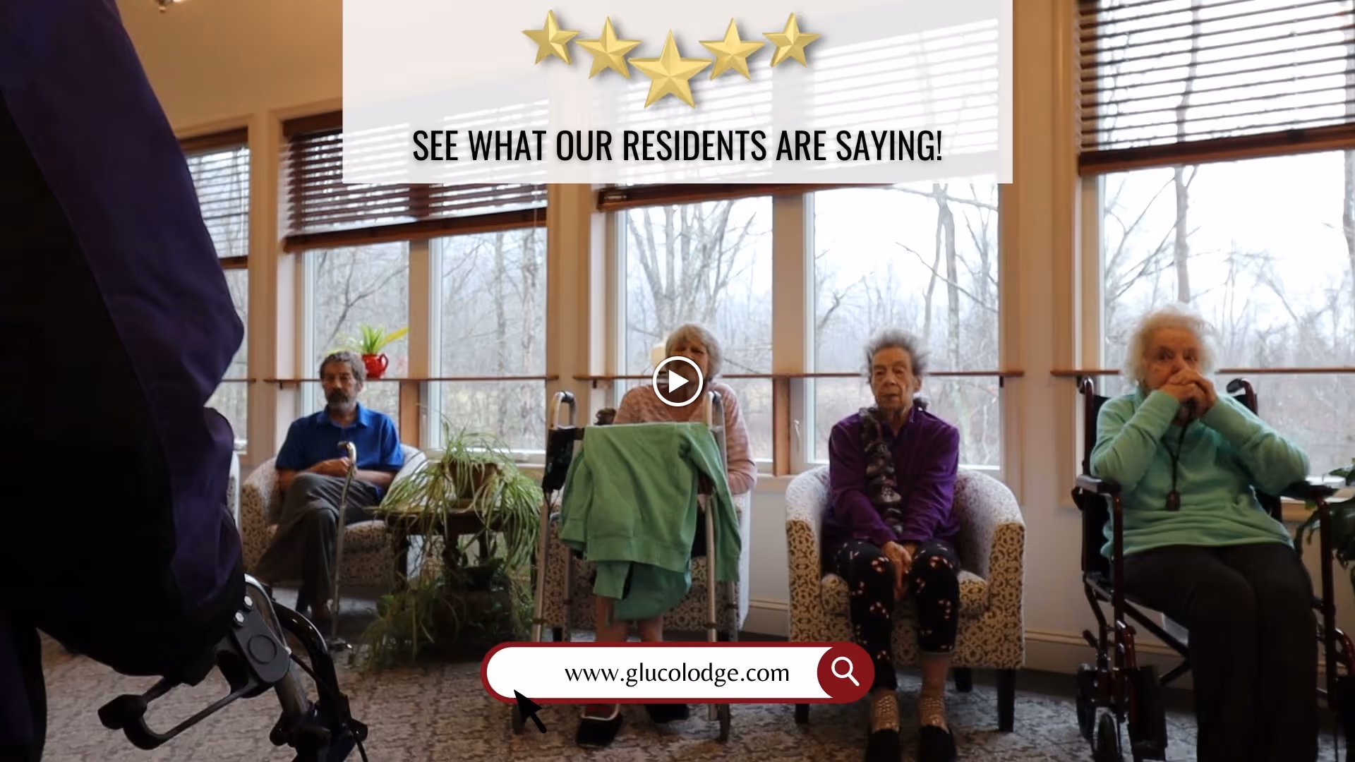 Four elderly residents seated in a sunlit common room with large windows, potted plants, and a search-bar graphic reading www.glucolodge.com.