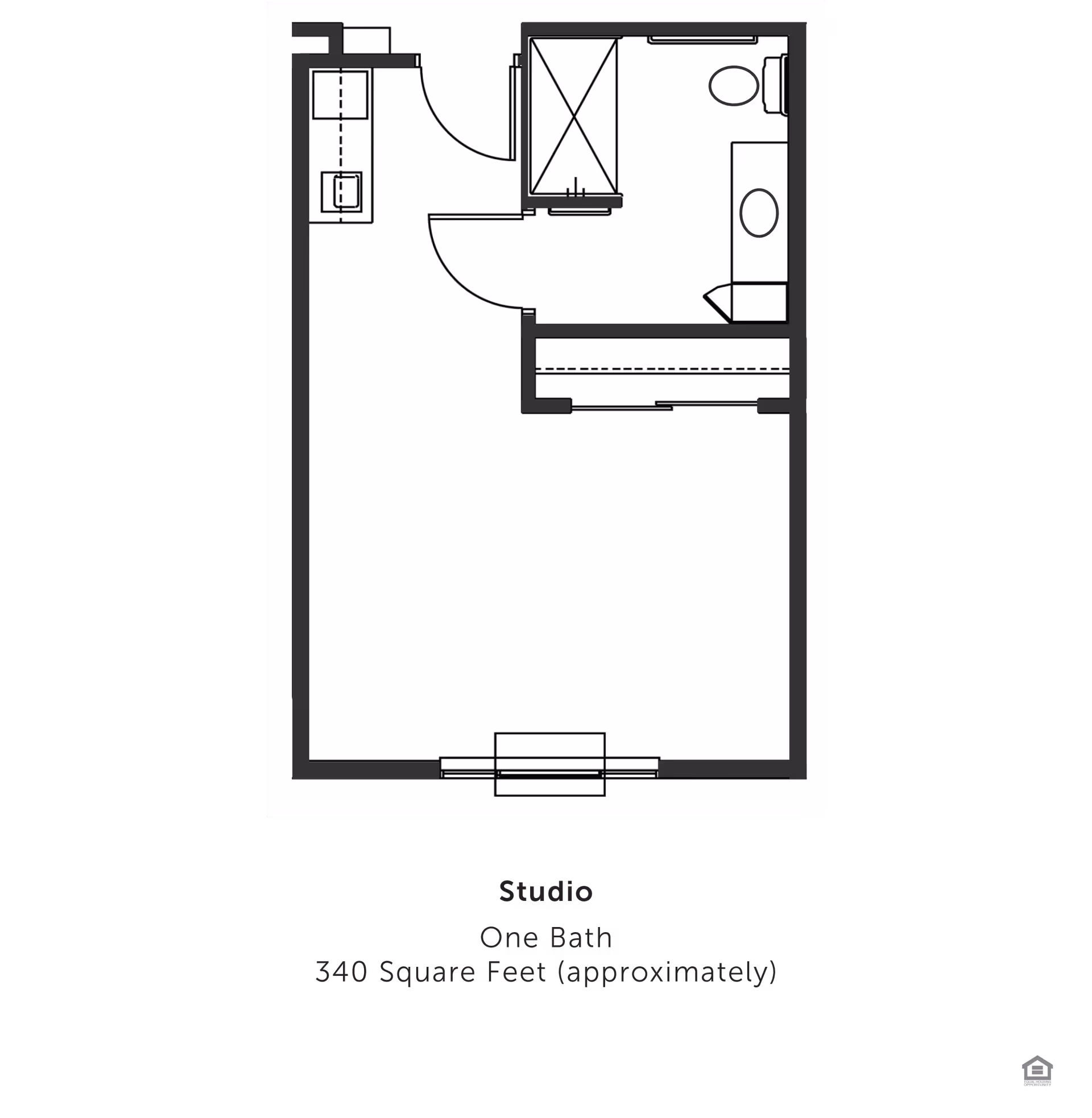Floor plan of a studio apartment with one bathroom, approximately 340 square feet. The layout includes an entryway leading to a kitchenette on the left, a bathroom with a shower, toilet, and sink on the right, and an open living/sleeping area.