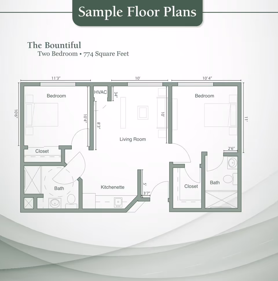 Floor plan titled 'The Bountiful' showing a two-bedroom apartment layout with 774 square feet. The plan includes two bedrooms each with a closet, two bathrooms, a living room, and a kitchenette. Dimensions for rooms and spaces are indicated.